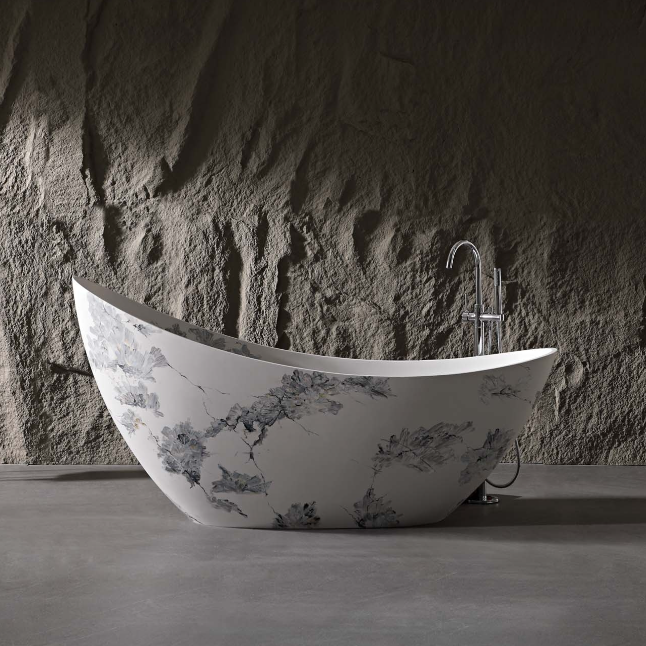 74" Sculptural Freestanding Solid Surface Bathtub with Artistic Ink-Wash Finish