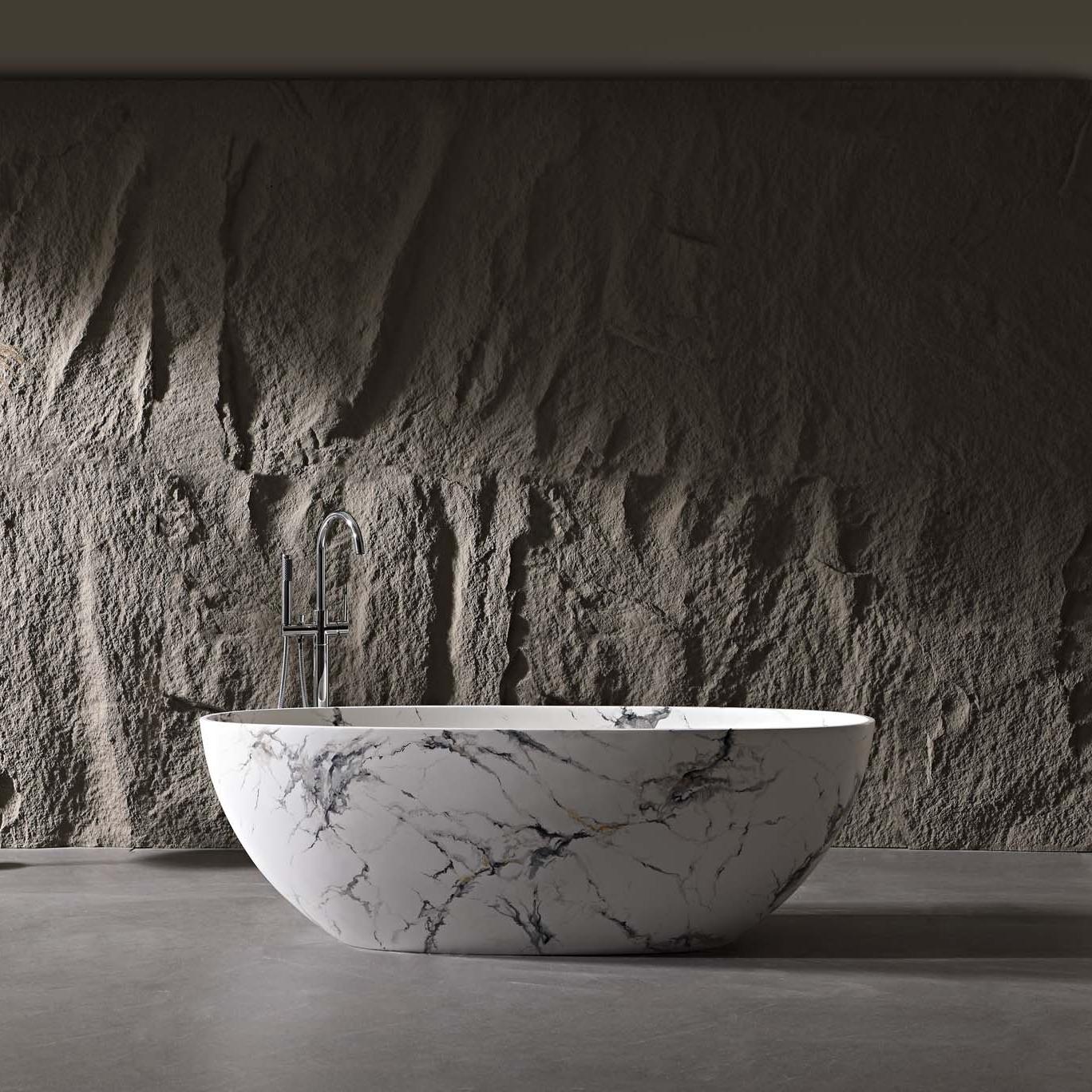 65" Freestanding Solid Surface Bathtub in Statuario White Marble Look with Ergonomic Backrest