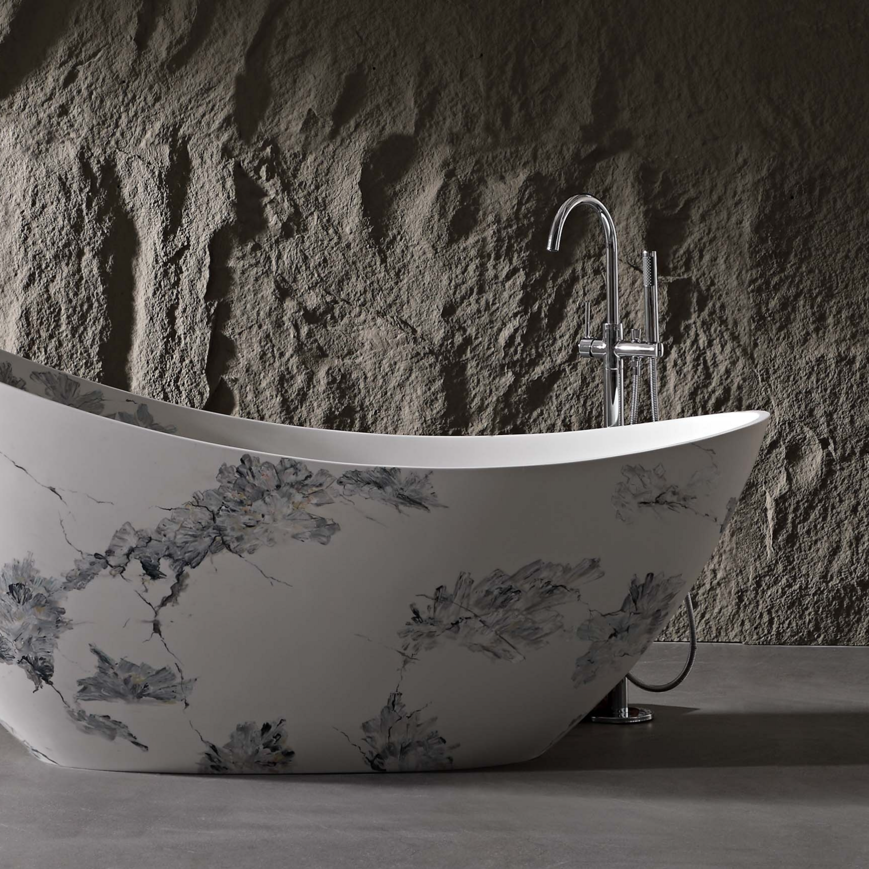 74" Sculptural Freestanding Solid Surface Bathtub with Artistic Ink-Wash Finish