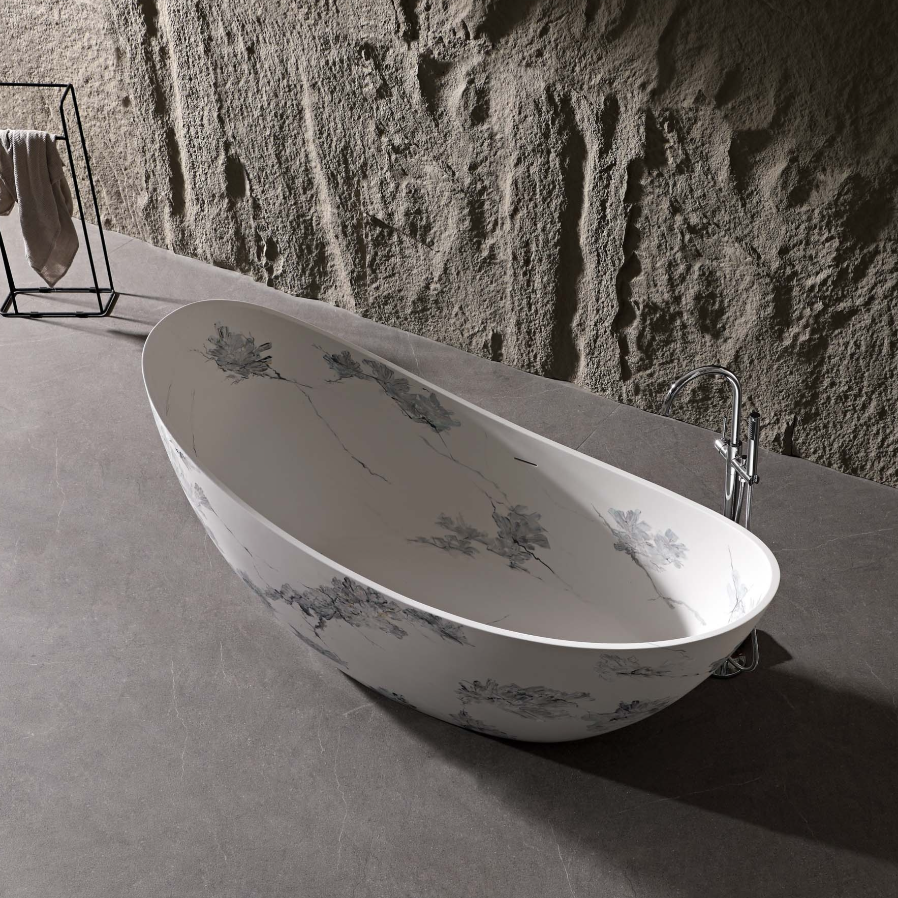 74" Sculptural Freestanding Solid Surface Bathtub with Artistic Ink-Wash Finish