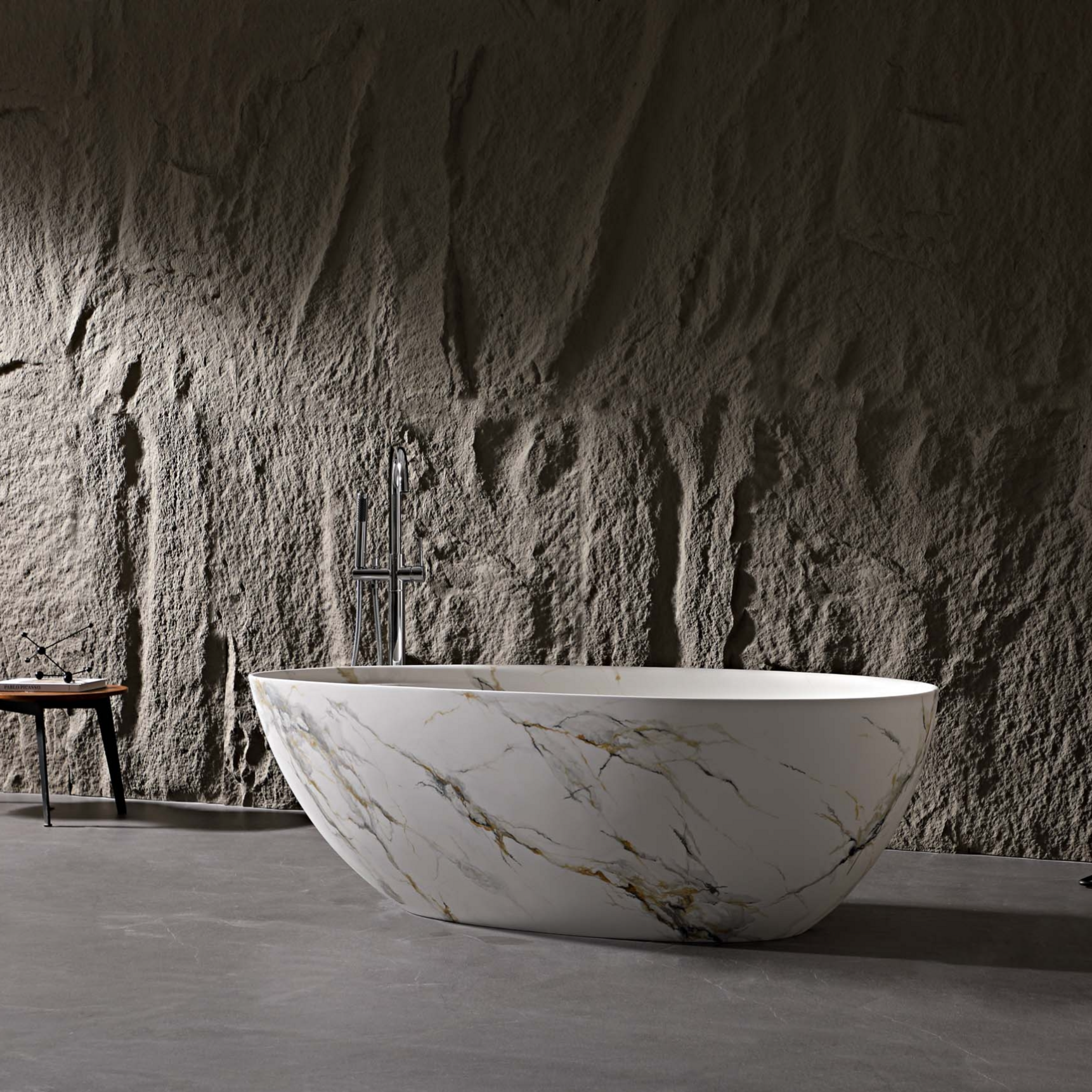 67" Luxury Freestanding Egg-Shaped Solid Surface Soaking Tub with Crescent Deck