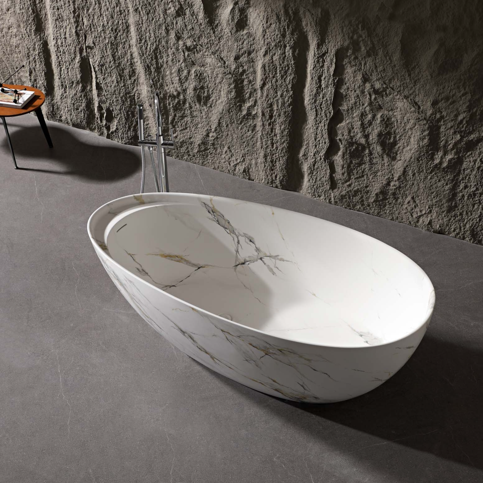 67" Luxury Freestanding Egg-Shaped Solid Surface Soaking Tub with Crescent Deck