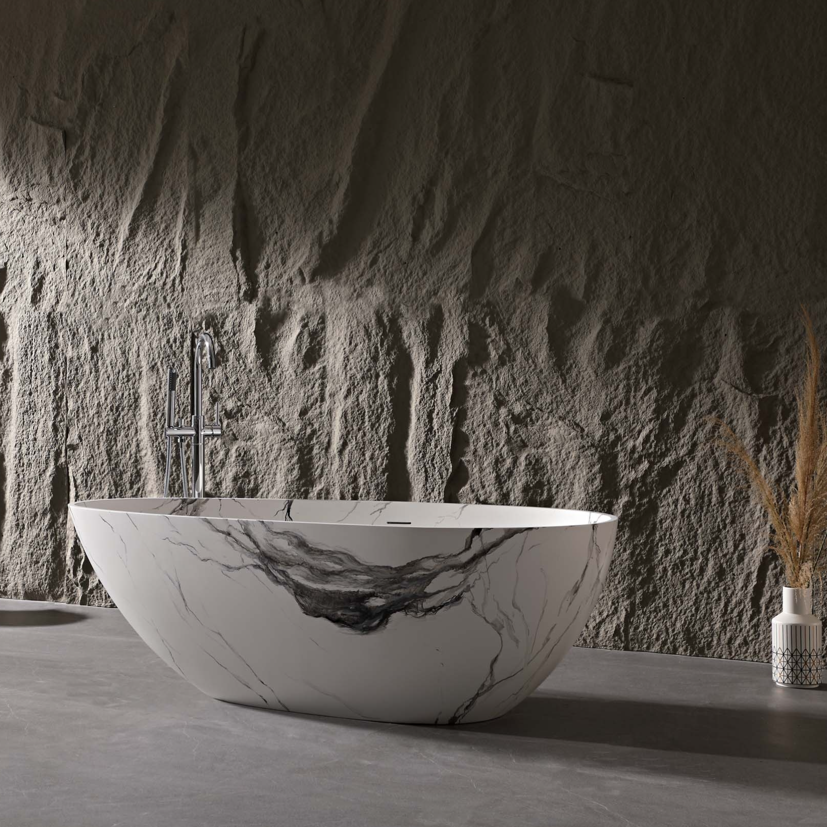 59" Egg-Shaped Solid Surface Freestanding Bathtub with Spa-Like Comfort