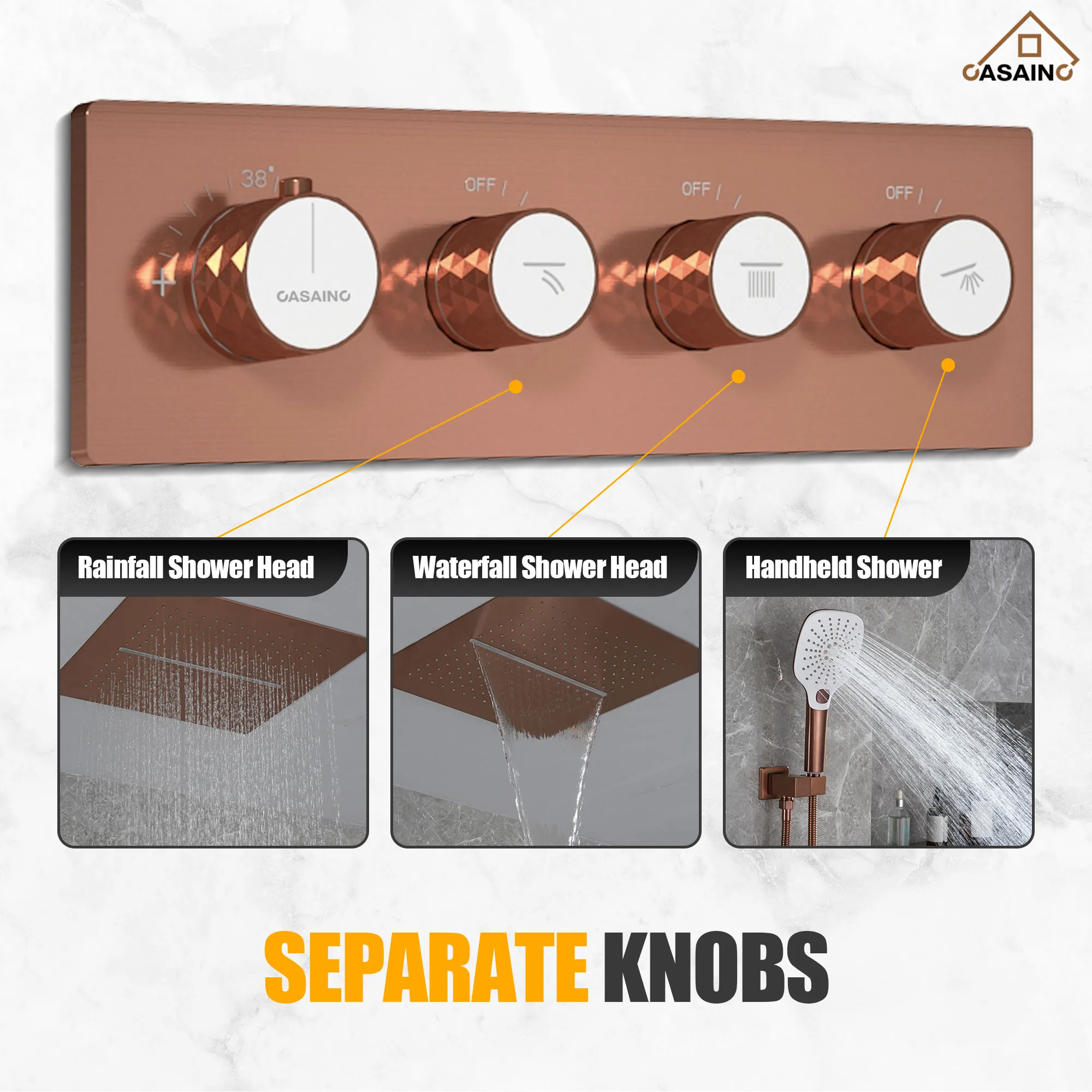 Rainfall Shower Head System with Separate Knobs to Control