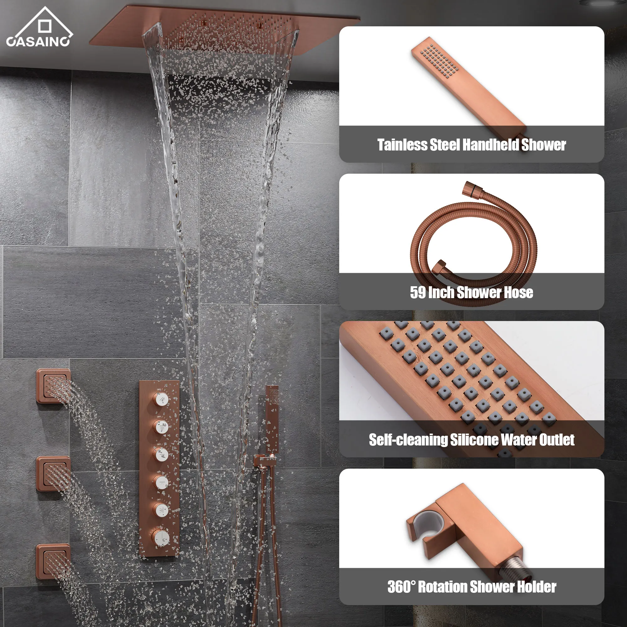 Brushed Rose Gold Shower System with Handheld & Body Jets