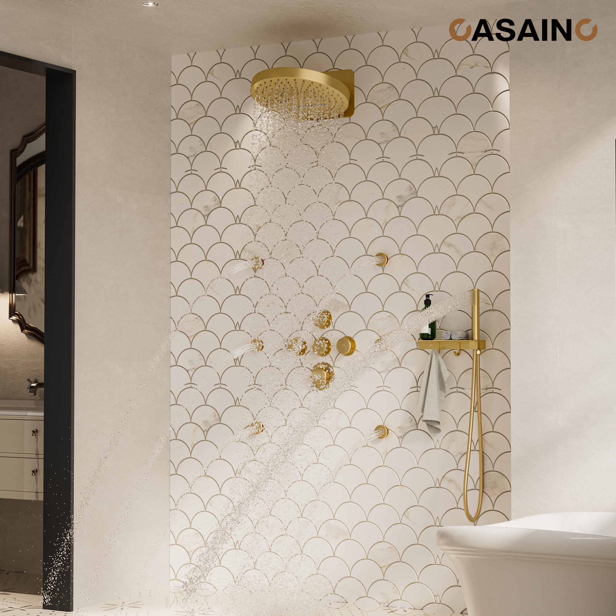 12" Adjustable Shower Head With Shelf Shower System, Hand Shower With Spray Gun Function