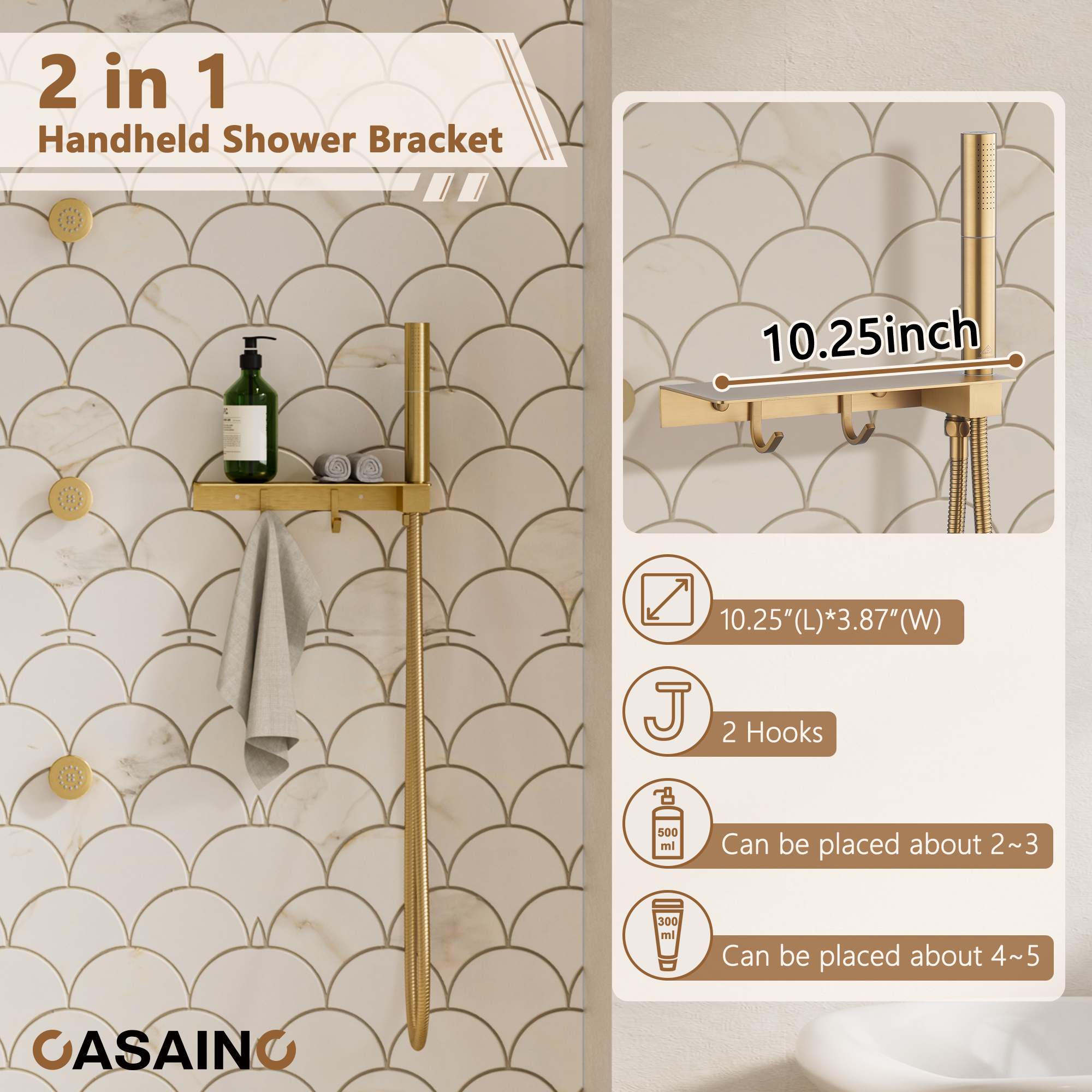 12" Adjustable Shower Head With Shelf Shower System, Hand Shower With Spray Gun Function