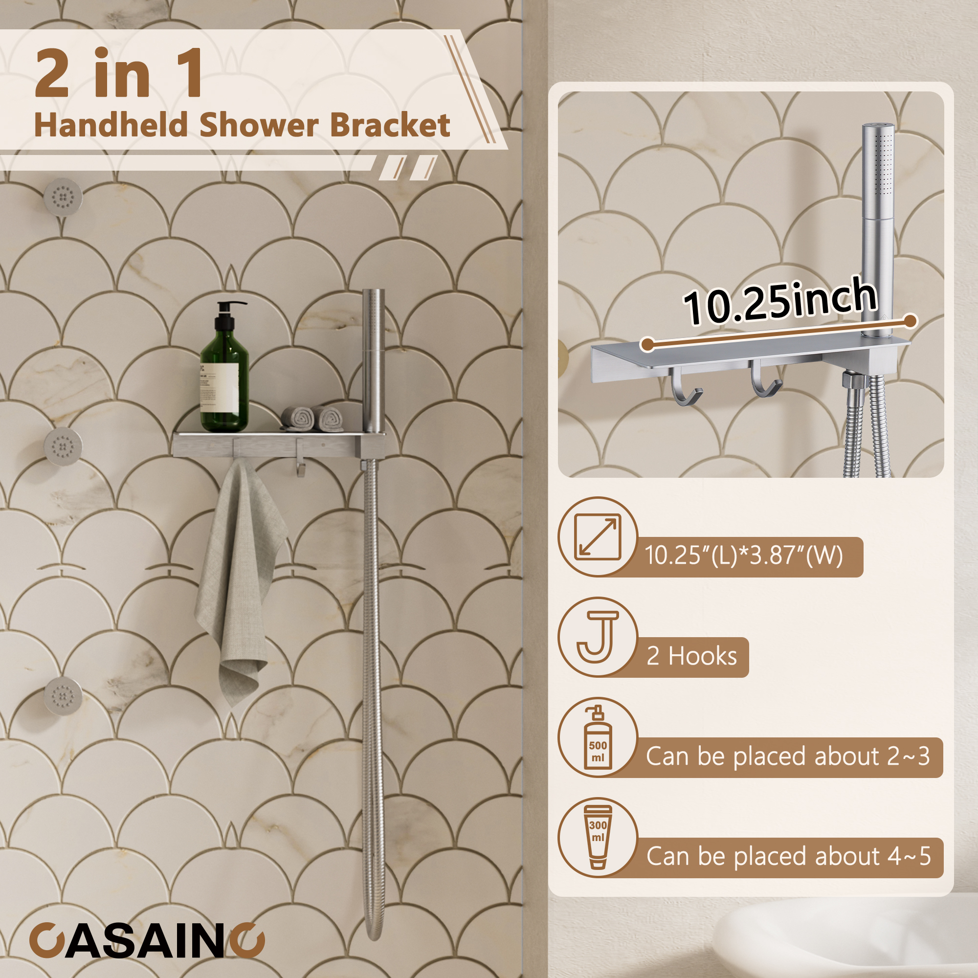 12" Adjustable Shower Head With Shelf Shower System, Hand Shower With Spray Gun Function