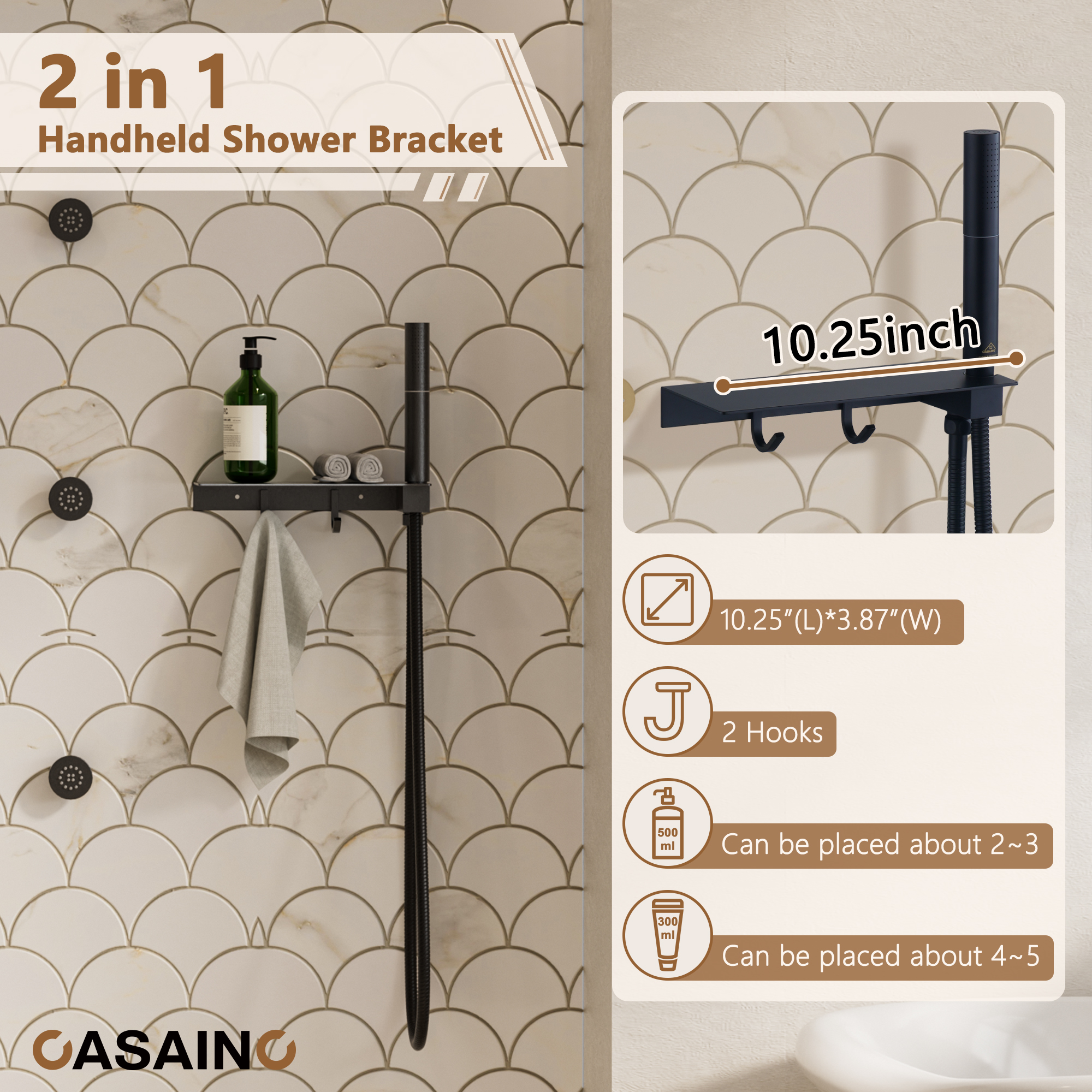 12" Adjustable Shower Head With Shelf Shower System, Hand Shower With Spray Gun Function