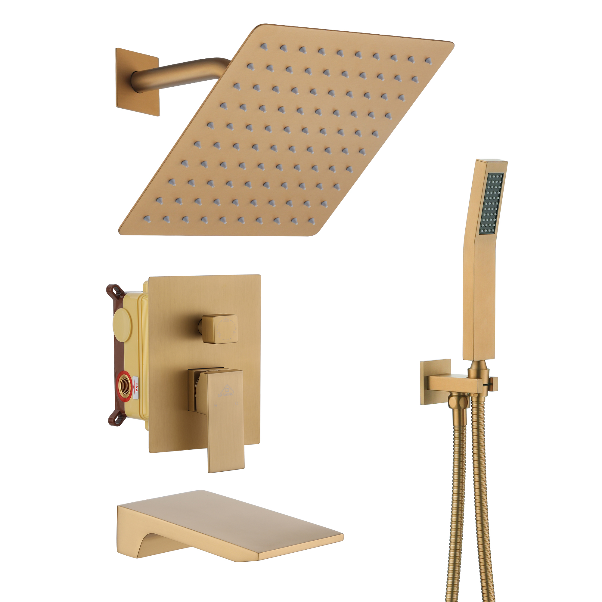 3-Function Thermostatic Shower System Anti-Fingerprint Rain Shower with Tub Spout in Brushed Gold, Solid Brass Valve
