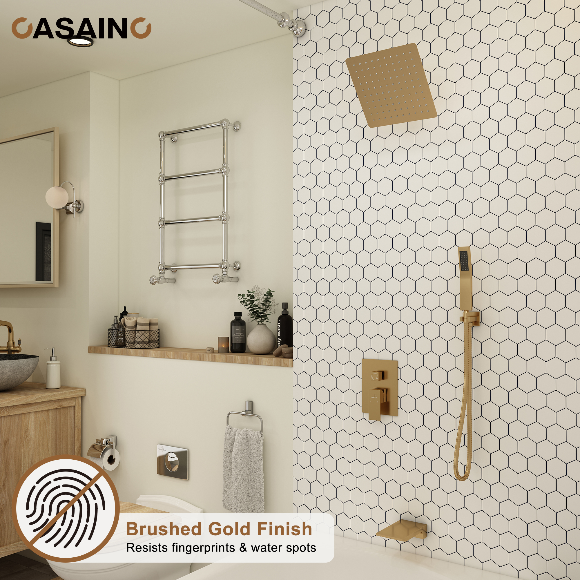 3-Function Thermostatic Shower System Anti-Fingerprint with High-Quality Stainless Steel Material and Brushed Gold Finish
