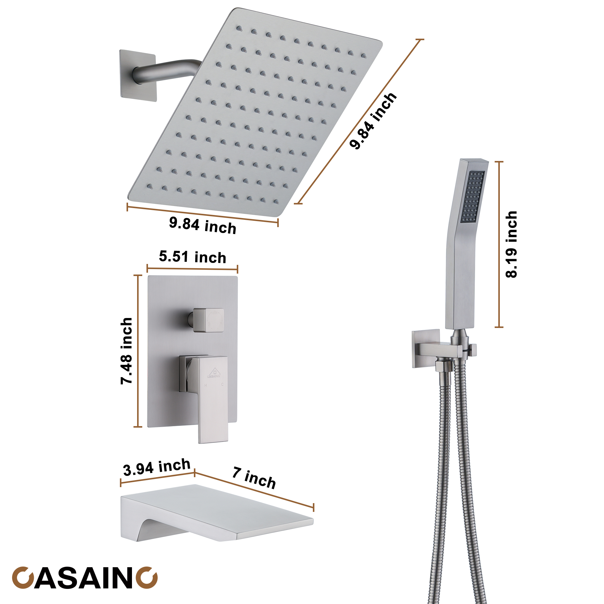 10" Wall Mounted Rain Shower Systems with Handheld Shower & Tub Spout