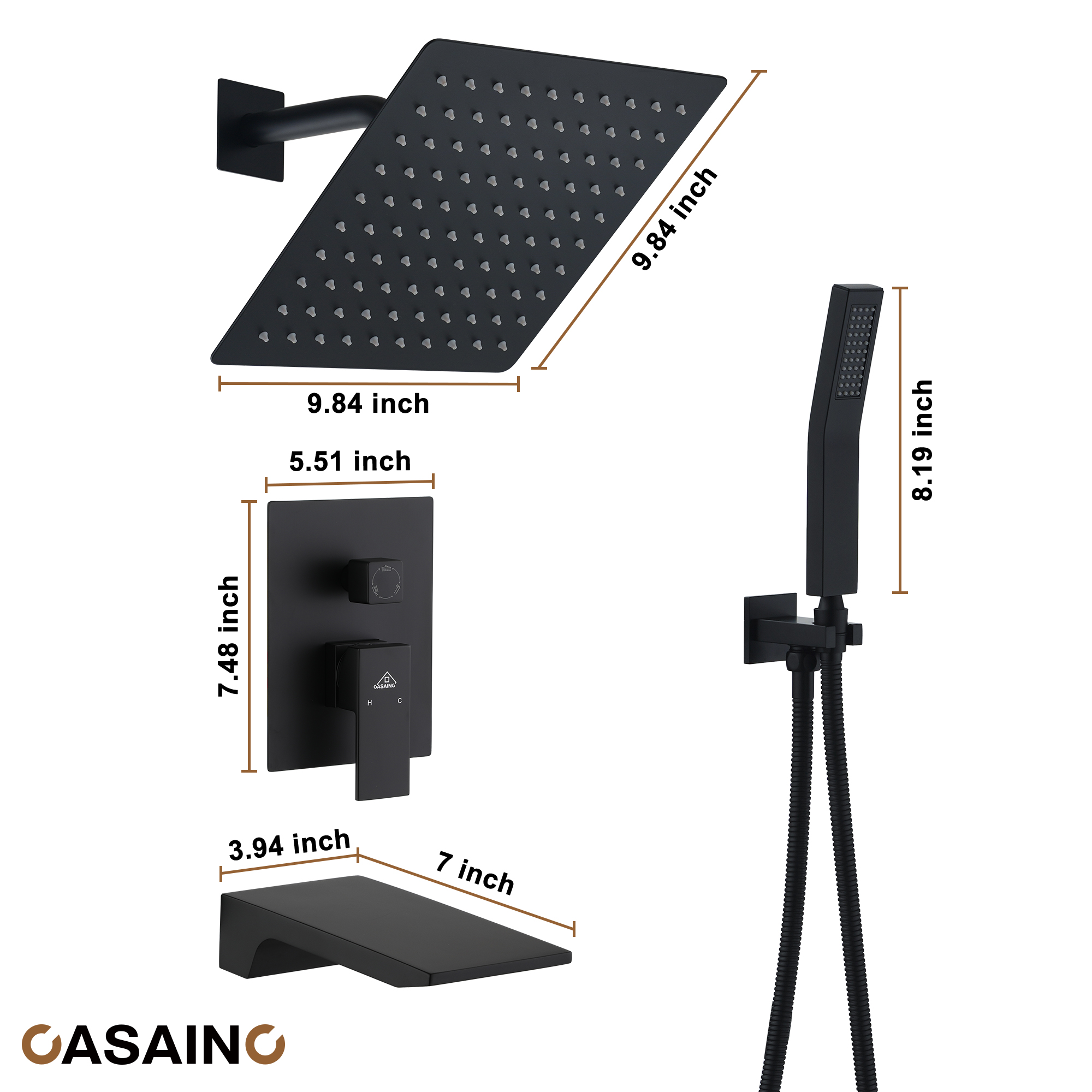 10" Wall Mounted Rain Shower Systems with Handheld Shower & Tub Spout