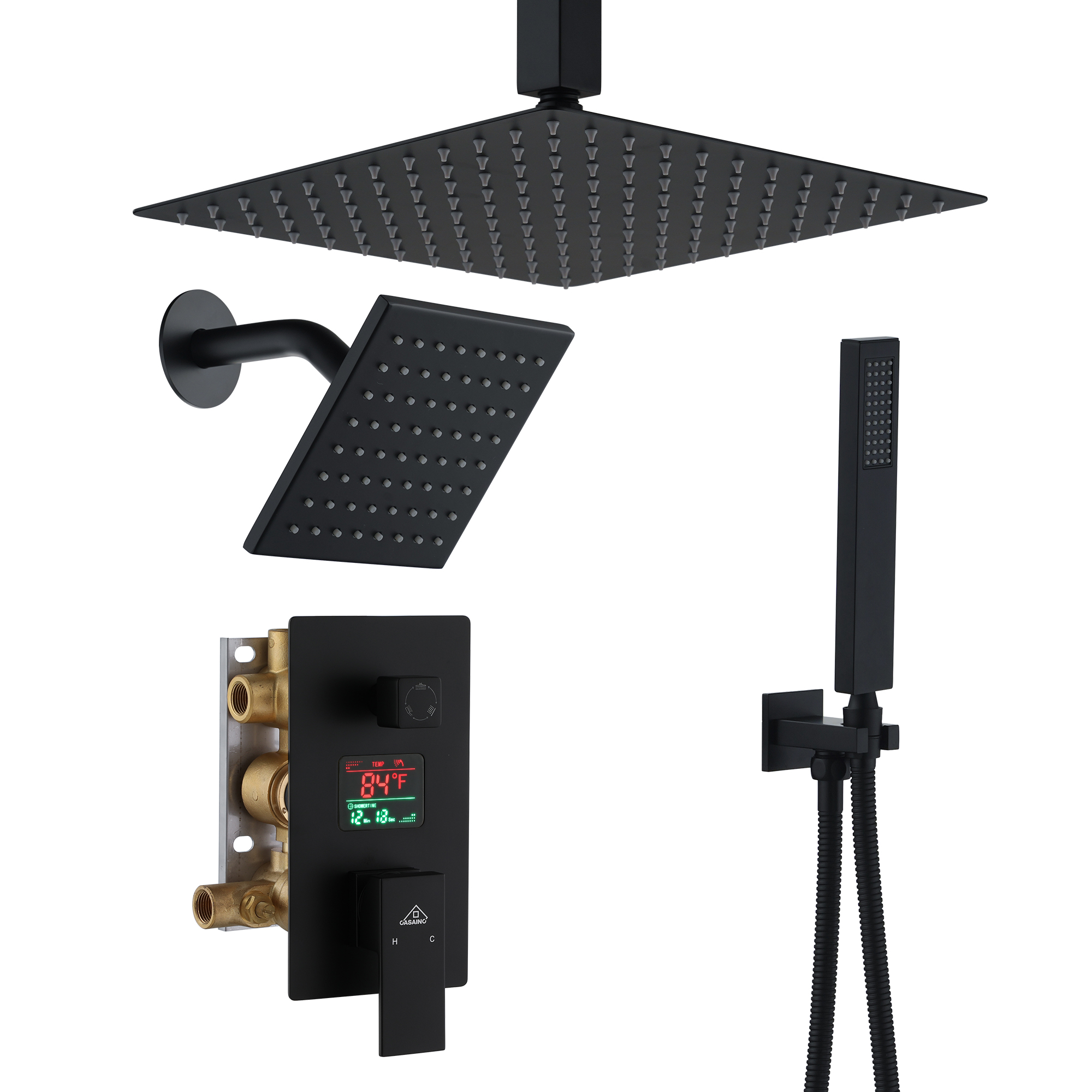 Deluxe Dual Shower Head Shower System With Digital Display Of Temperature with Hand Showers in Matte Black (pressure balance valve included)