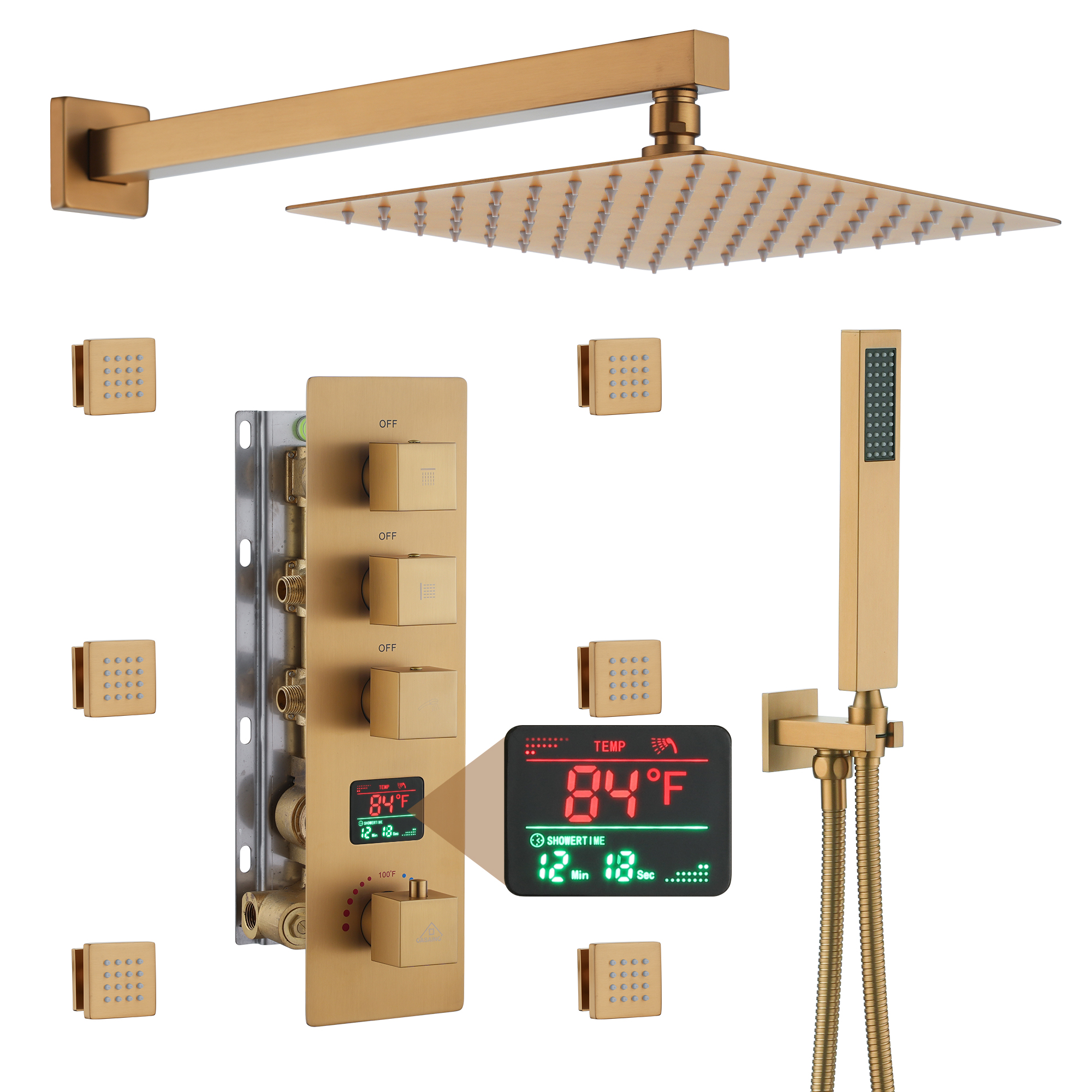 Deluxe 3-Function Shower With Digital Display Of Temperature Shower System With 6 Side Jets