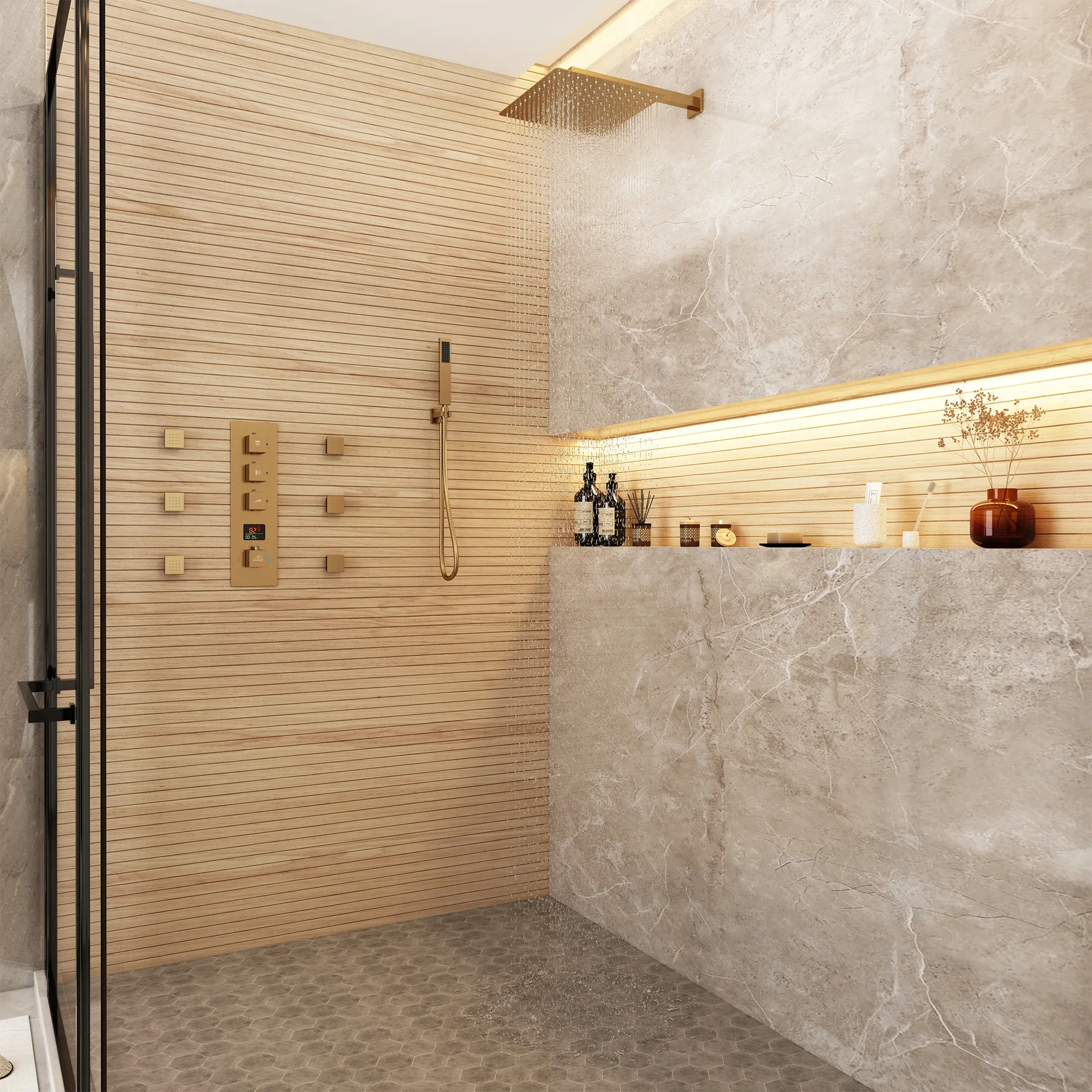 Warm Lighting in Walk In Shower With Wall Mounted Brushed Gold Showerhead and Open Shelving
