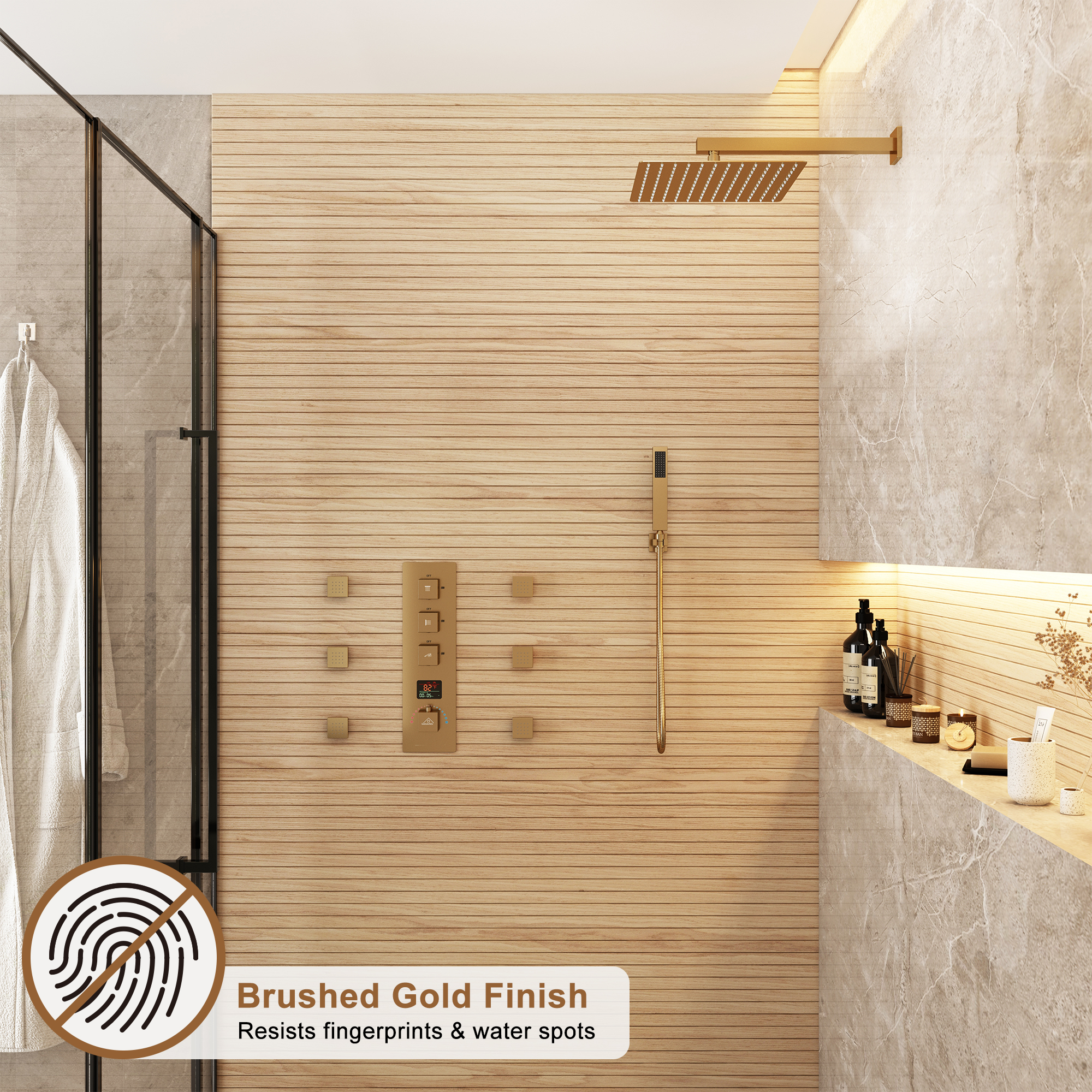 12" Wall Mount Deluxe Shower System With Digital Display & 6 Body Jets