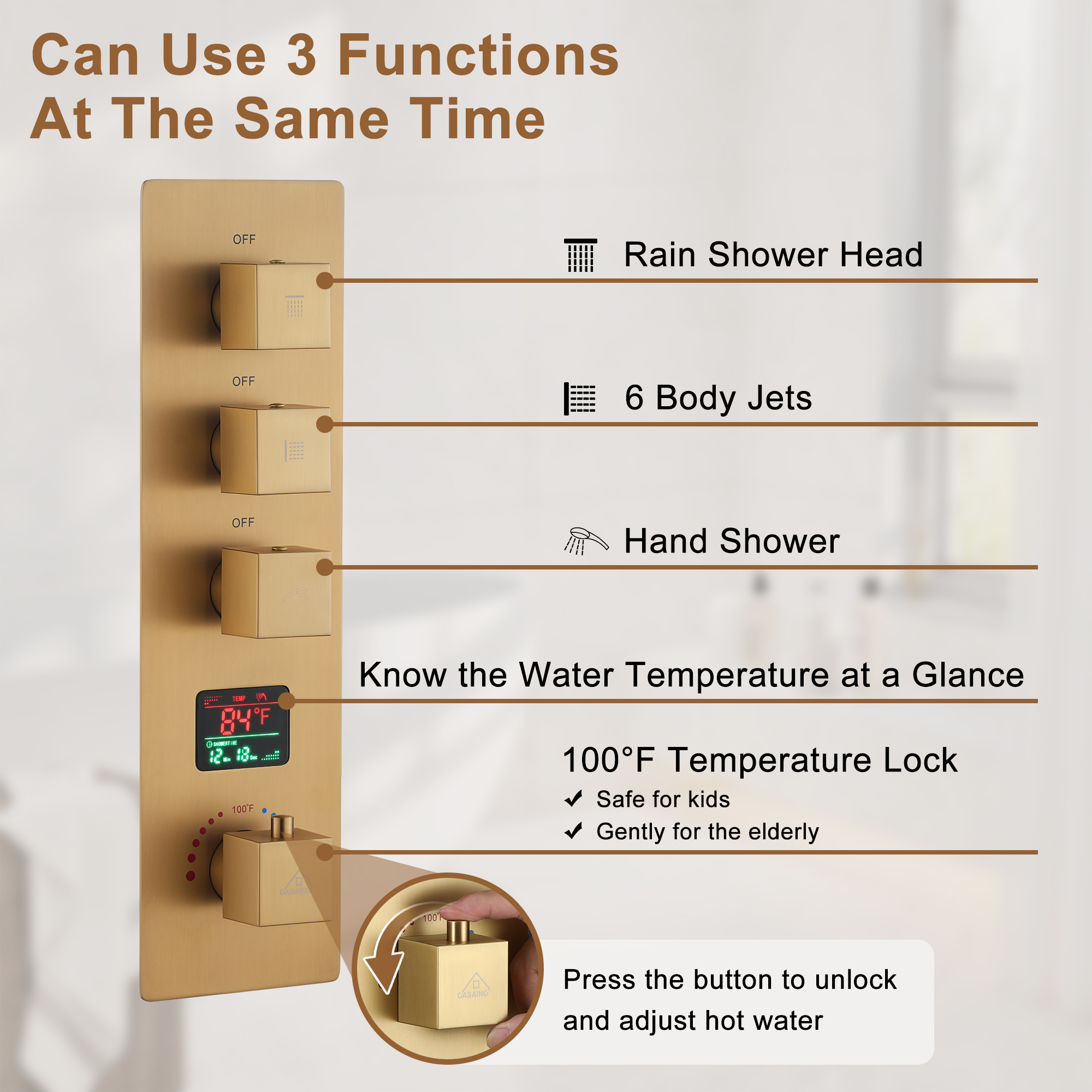 12" Wall Mount Deluxe Shower System With Digital Display & 6 Body Jets