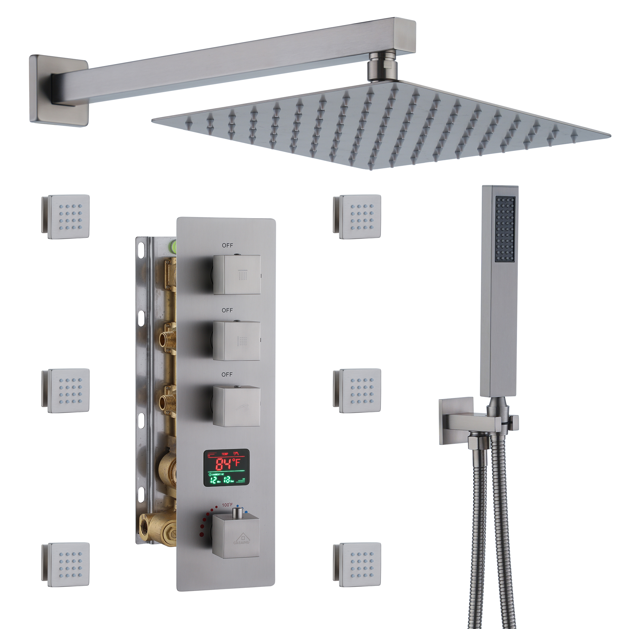 Deluxe 3-Function Shower With Digital Display Of Temperature Shower System With 6 Side Jets