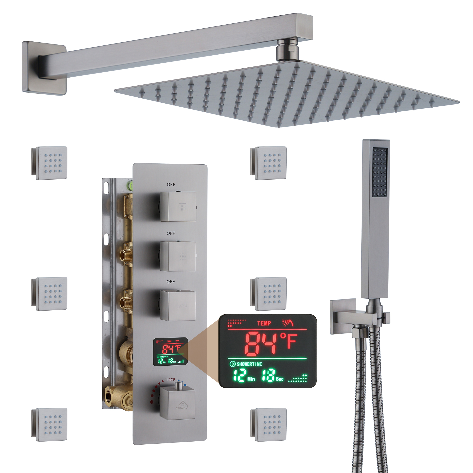Deluxe 3-Function Shower With Digital Display Of Temperature Shower System With 6 Side Jets