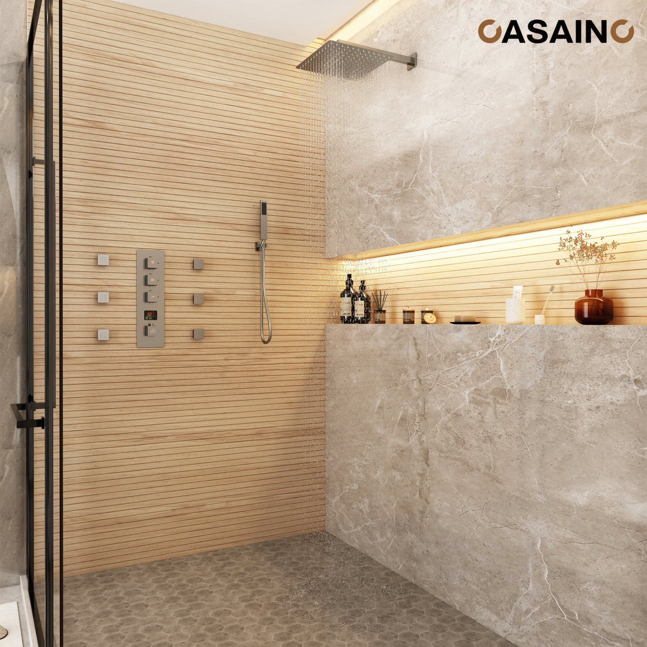 12" Wall Mount Deluxe Shower System With Digital Display & 6 Body Jets