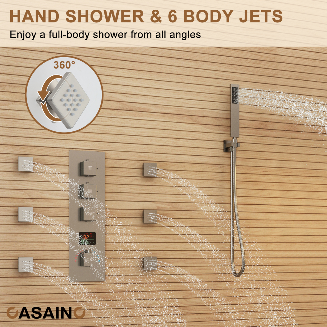 12" Wall Mount Deluxe Shower System With Digital Display & 6 Body Jets