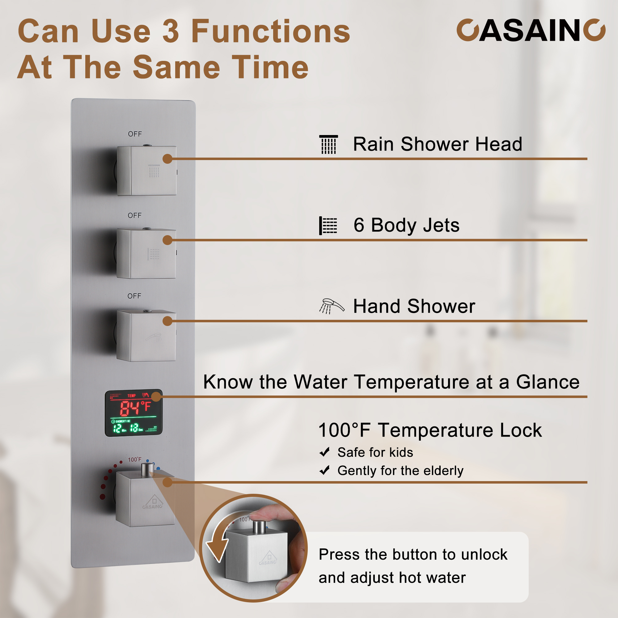 12" Wall Mount Deluxe Shower System With Digital Display & 6 Body Jets