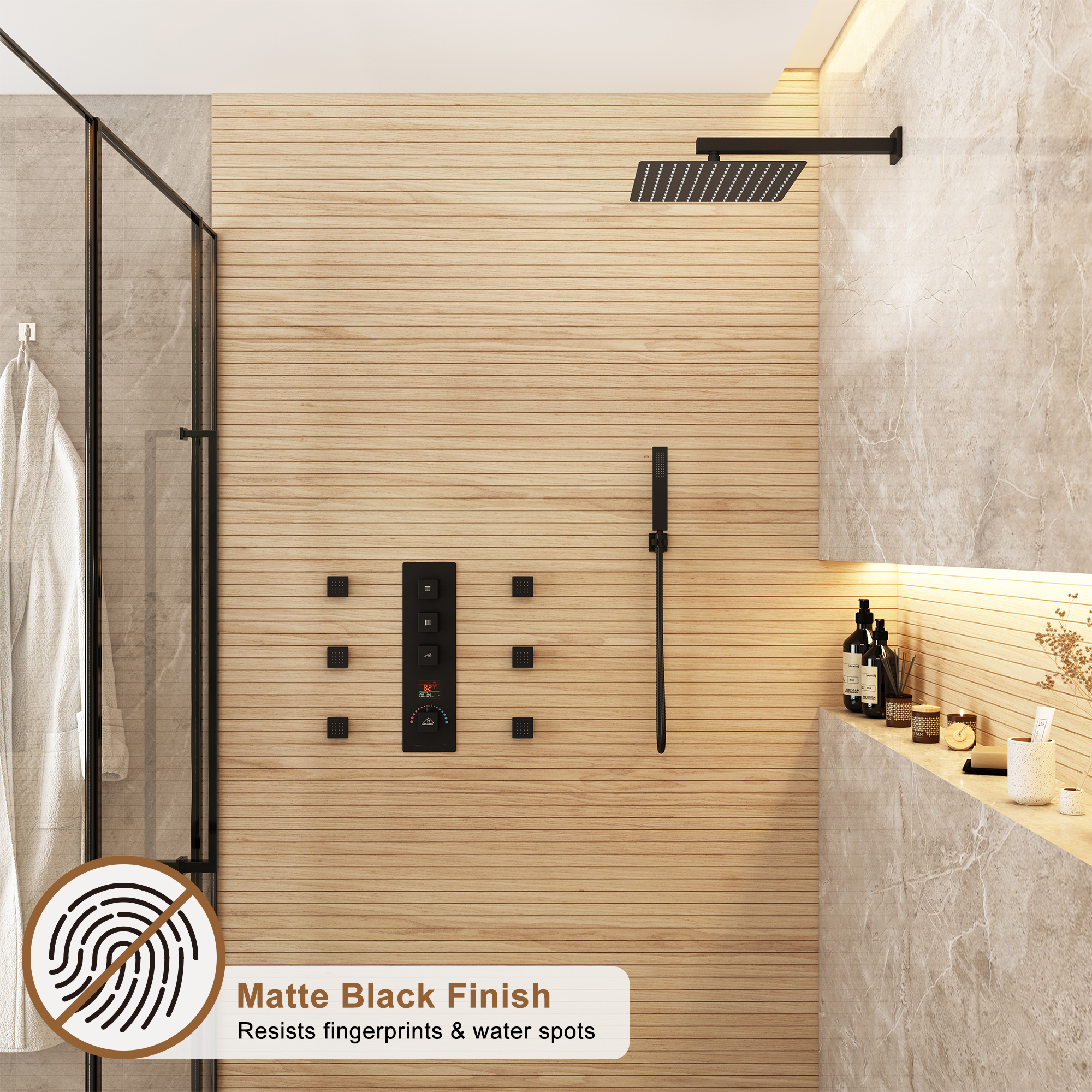 12" Wall Mount Deluxe Shower System With Digital Display & 6 Body Jets