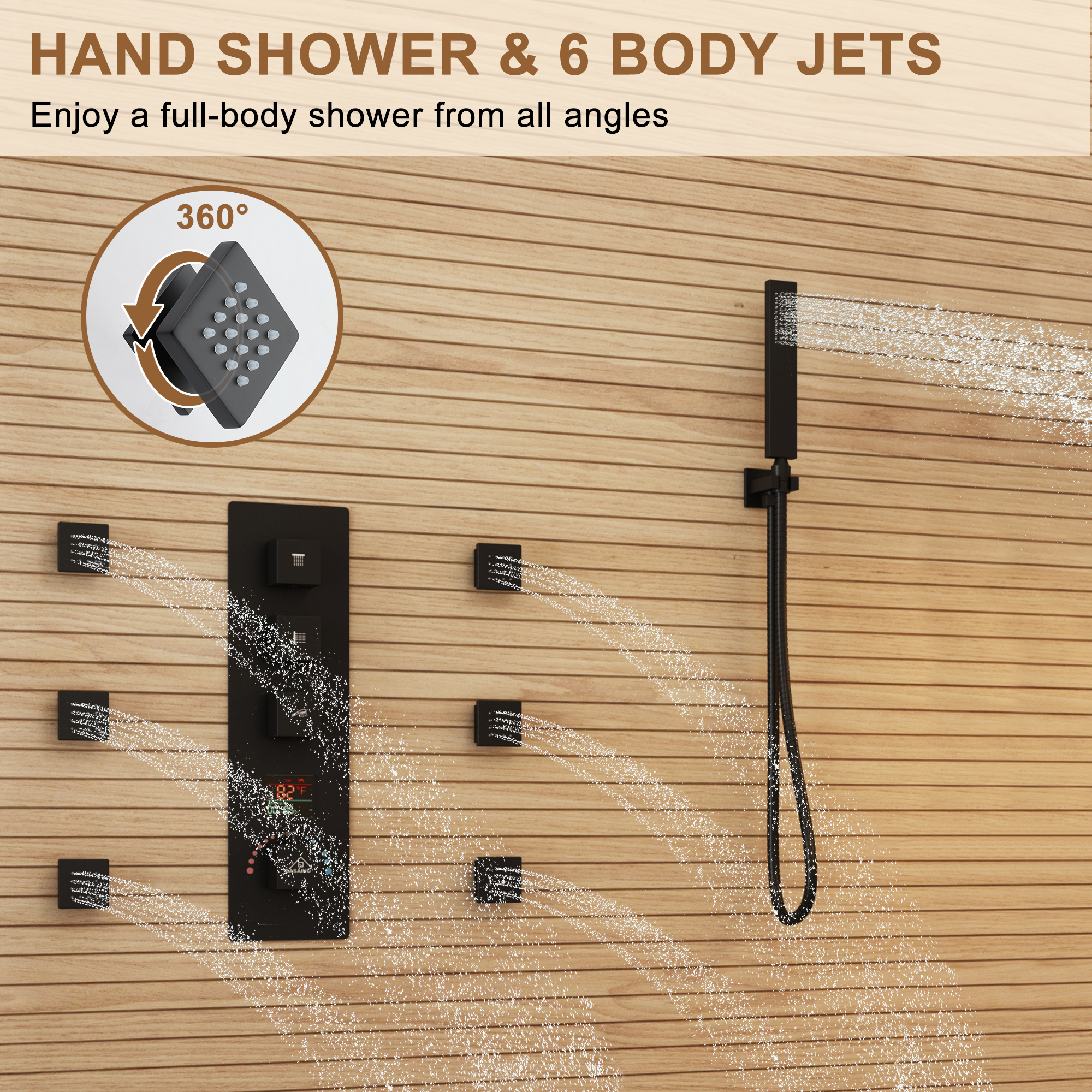 12" Wall Mount Deluxe Shower System With Digital Display & 6 Body Jets