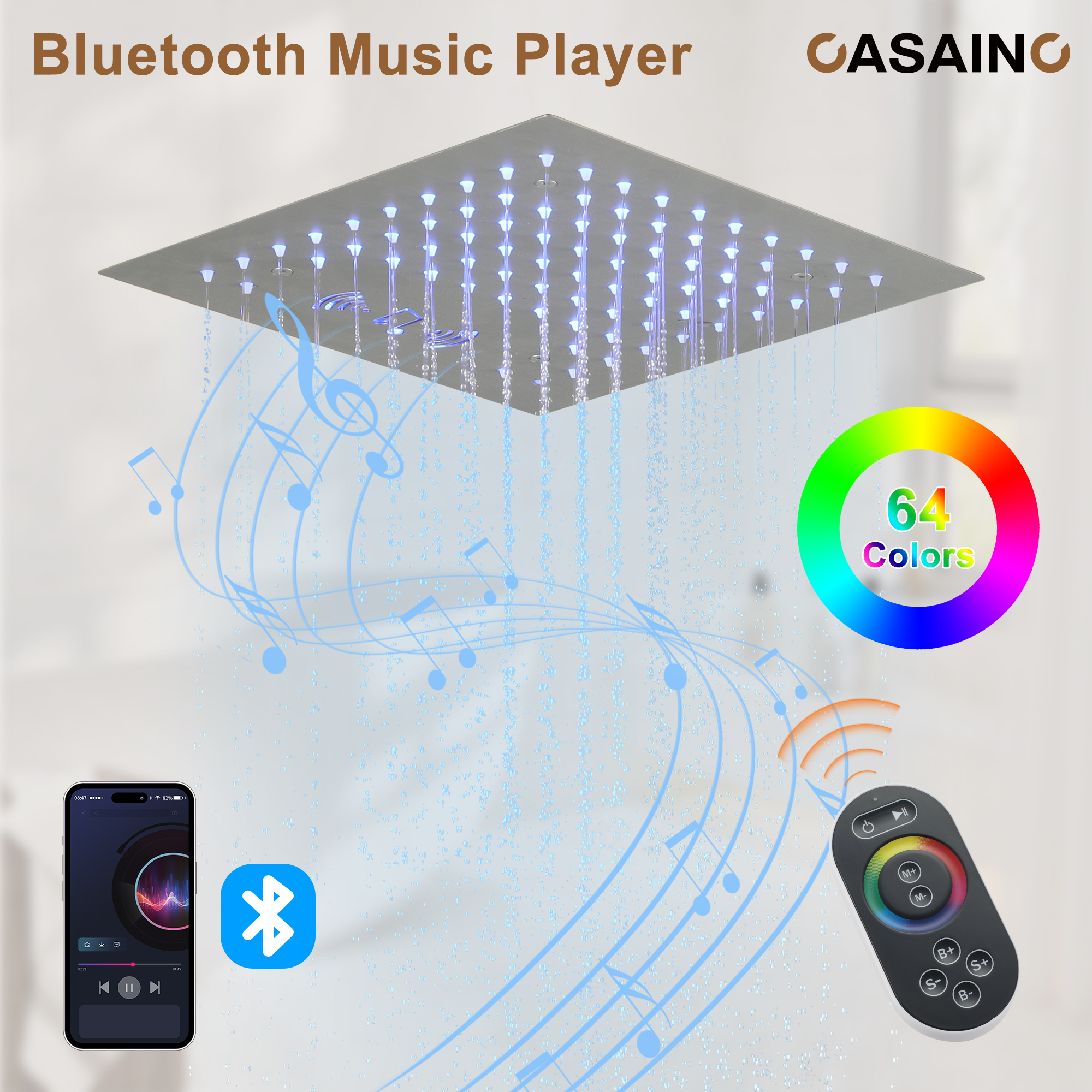 Luxurious Showerhead Shower System With 64 Colors Of Led Lighting And Bluetooth Technology