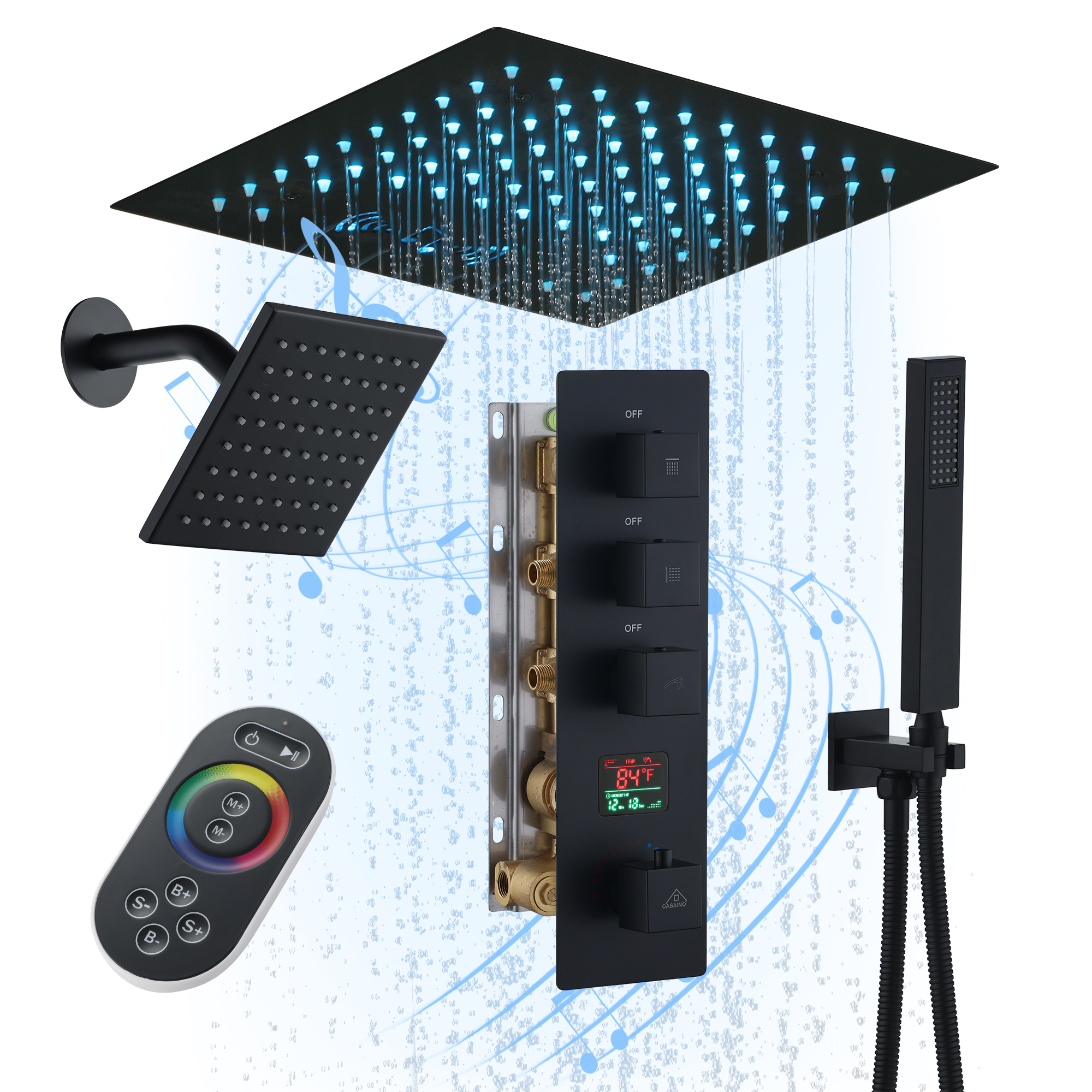 Ceiling Mount Luxurious Showerhead Shower System With 64 Colors Of LED Lighting And Bluetooth Technology Rain Shower Head with LED Lights, Digital Showers