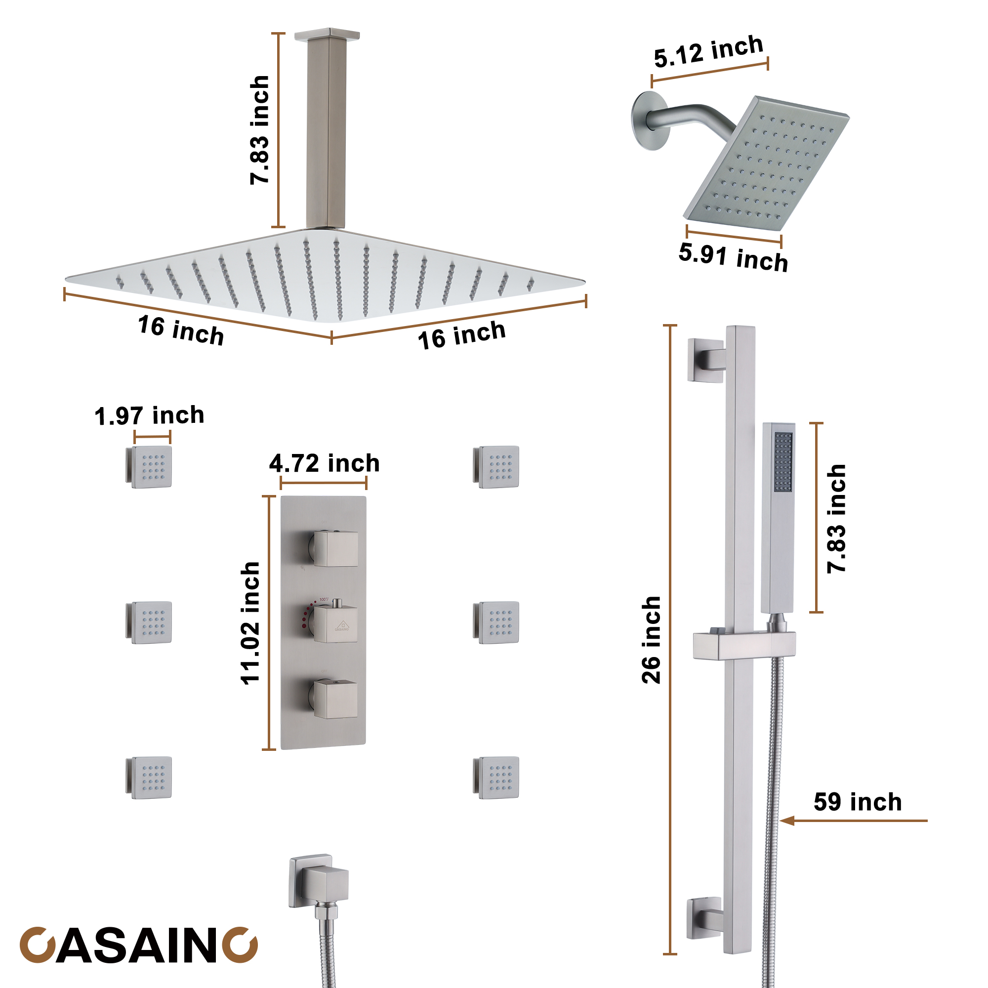 16-Inch Boom Showerhead And 6-Inch Wall Bar Showerhead Deluxe Showerhead Shower System With Slider Bar And 6 Side Sprayers