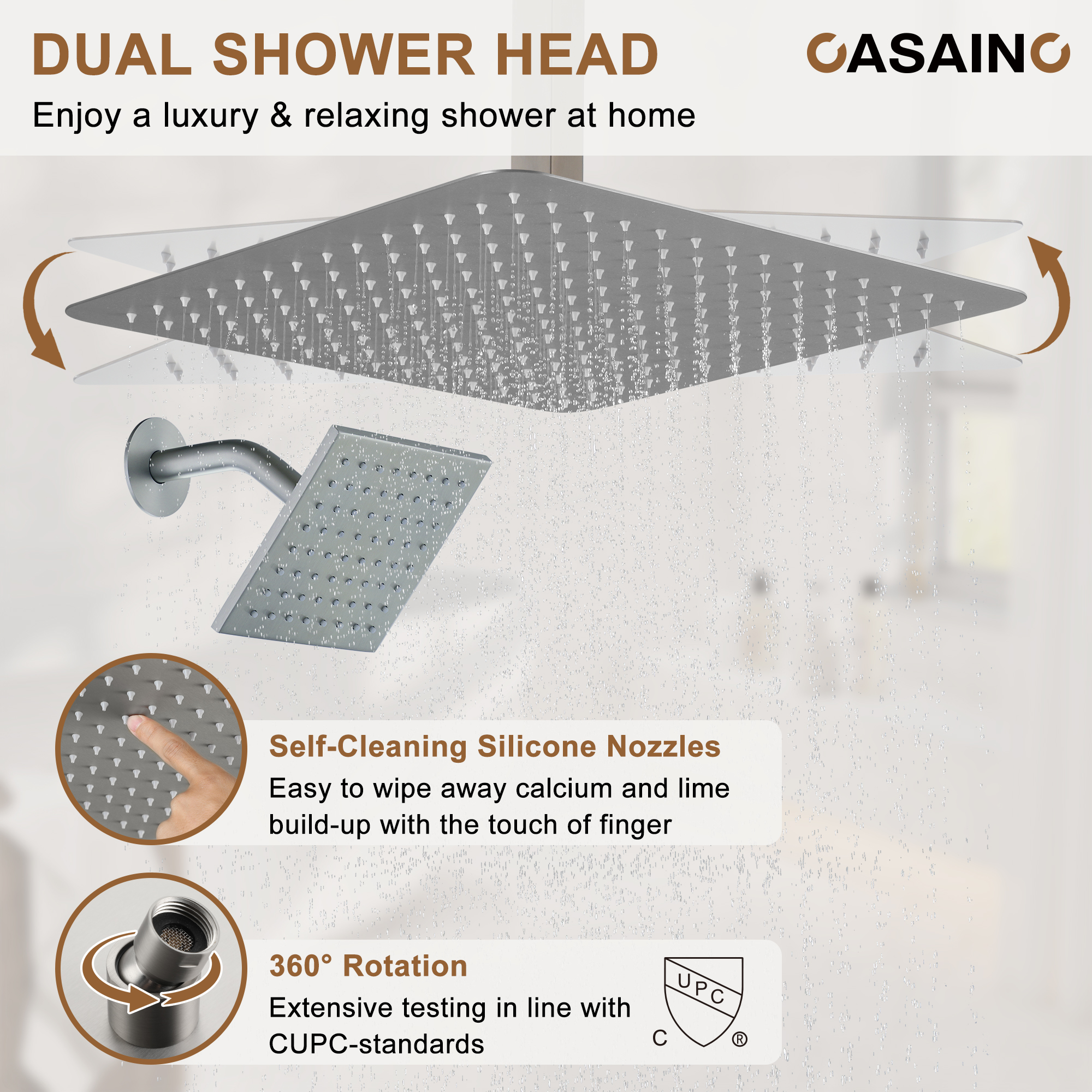 16-Inch Boom Showerhead And 6-Inch Wall Bar Showerhead Deluxe Showerhead Shower System With Slider Bar And 6 Side Sprayers