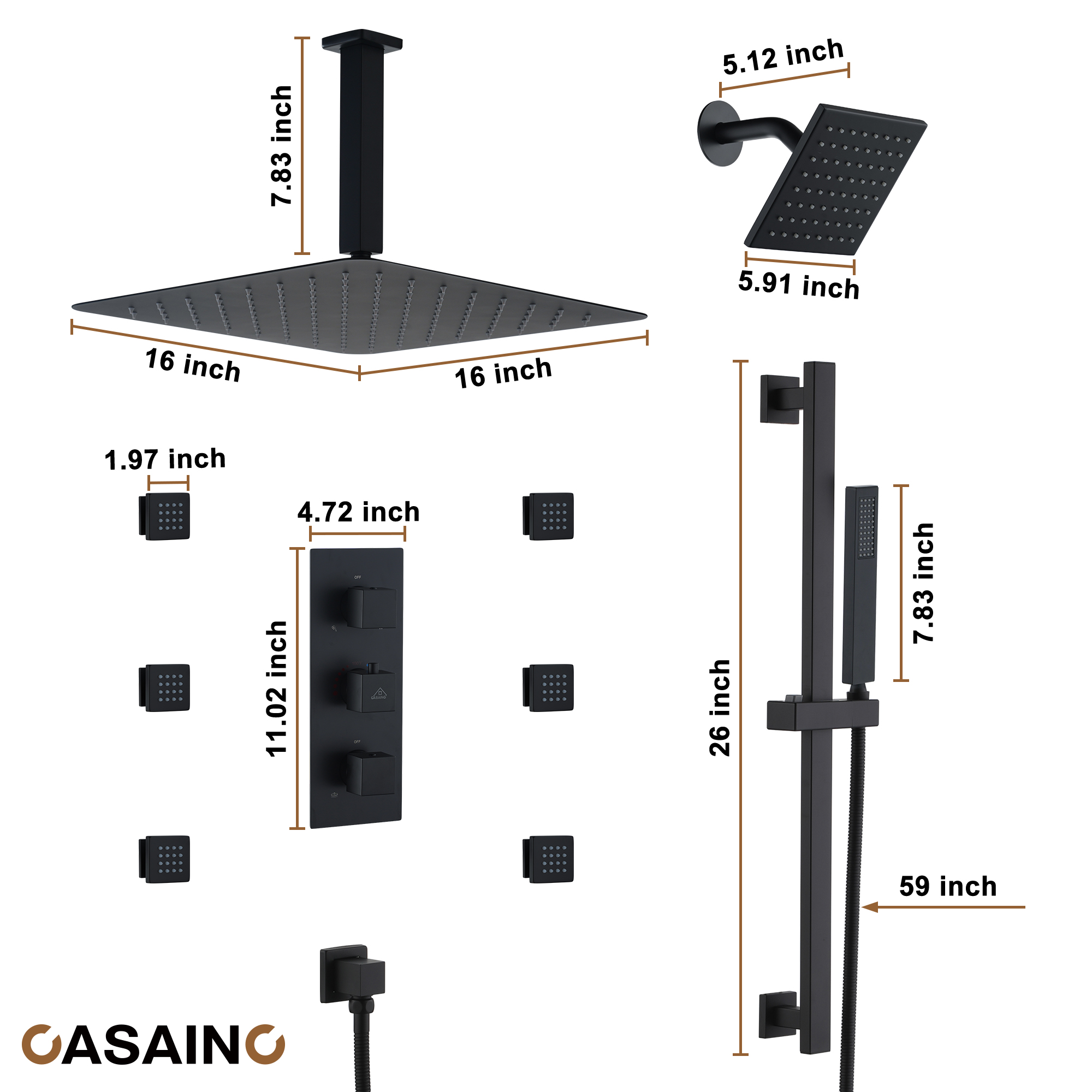 16-Inch Boom Showerhead And 6-Inch Wall Bar Showerhead Deluxe Showerhead Shower System With Slider Bar And 6 Side Sprayers