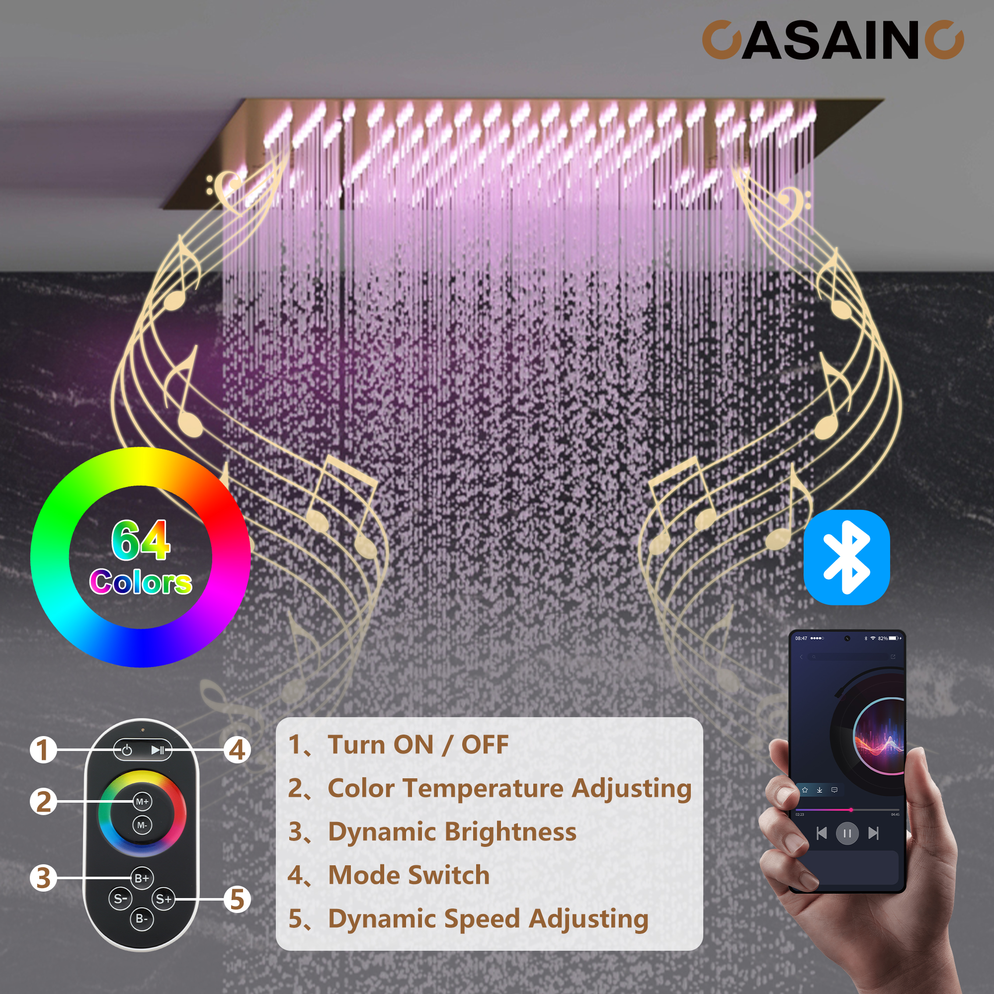 20" Thermostatic Shower System with 64 Color LED Lights & Music Function