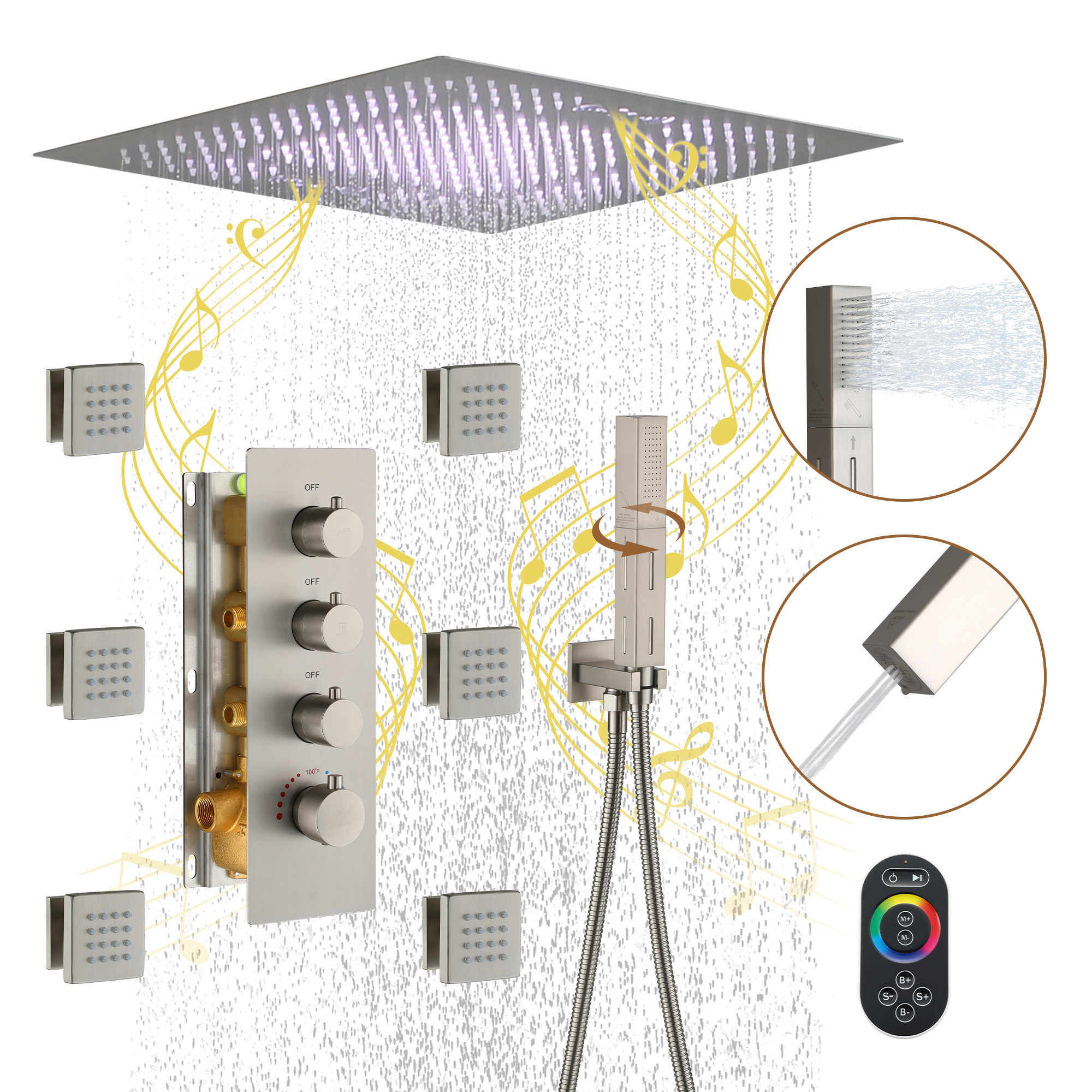 20" Thermostatic Shower System with 64 Color LED Lights & Music Function
