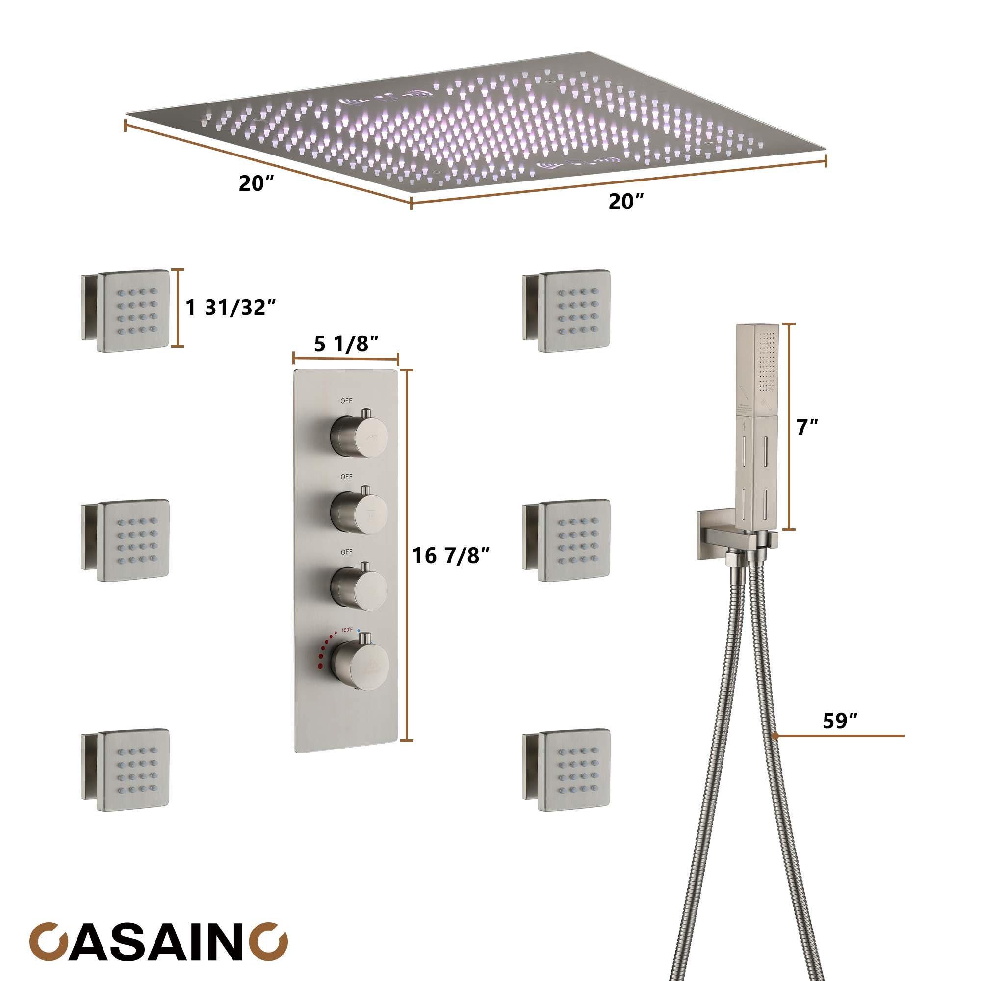 20" Thermostatic Shower System with 64 Color LED Lights & Music Function