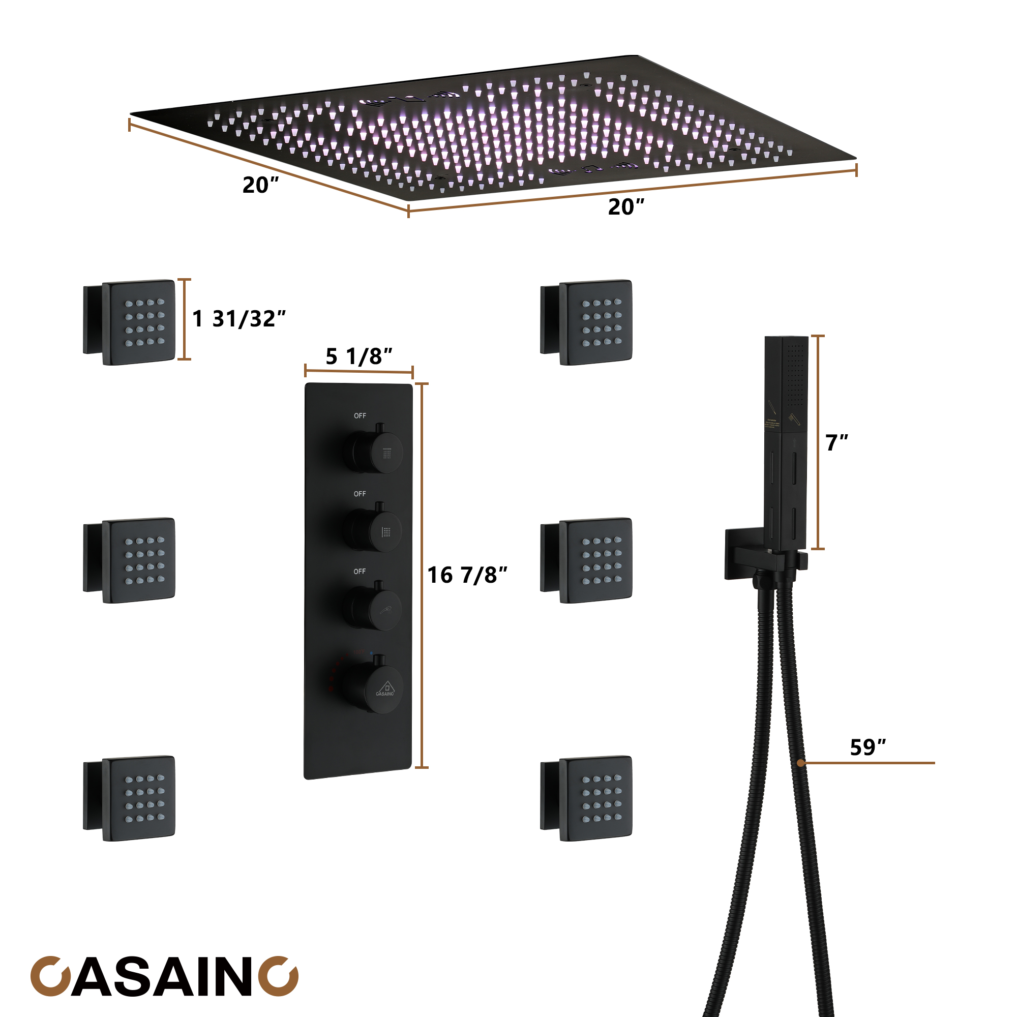 20" Thermostatic Shower System with 64 Color LED Lights & Music Function