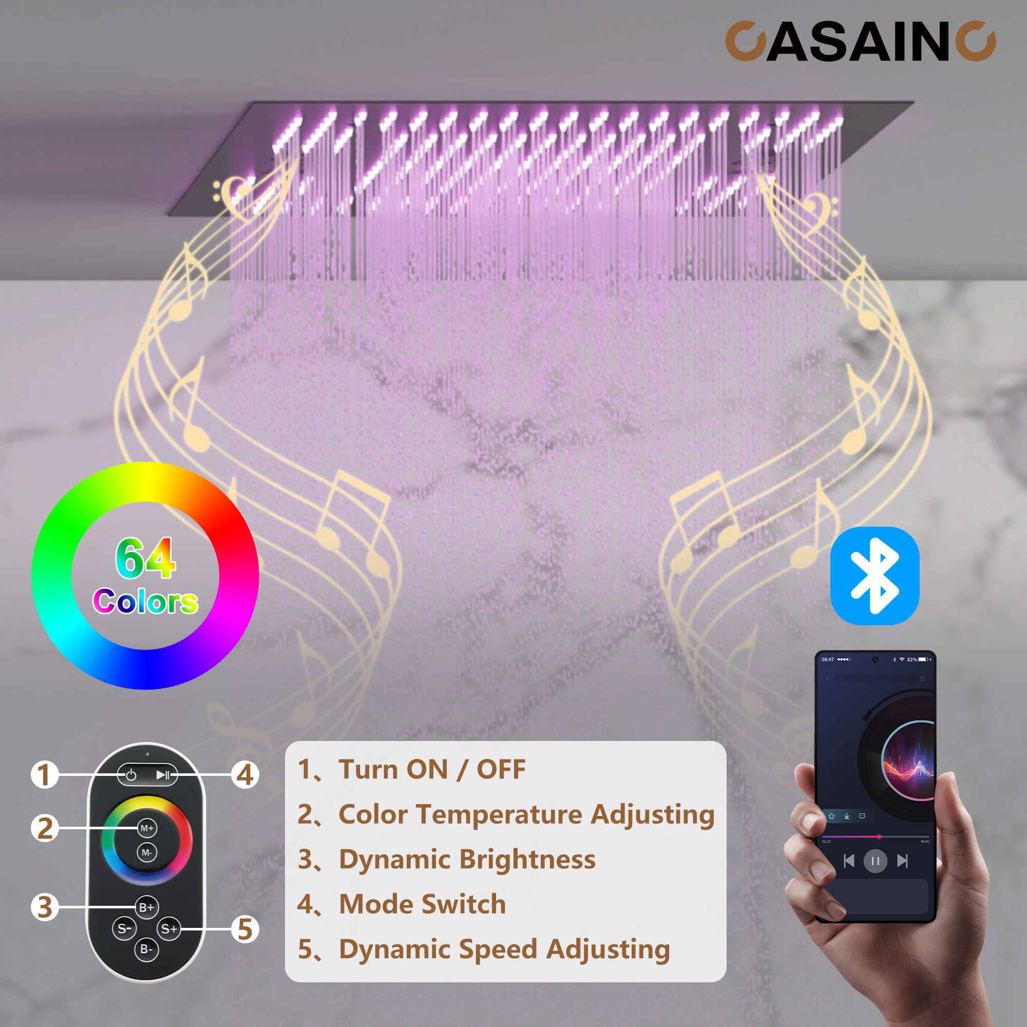 20" Thermostatic Shower System with 64 Color LED Lights & Music Function