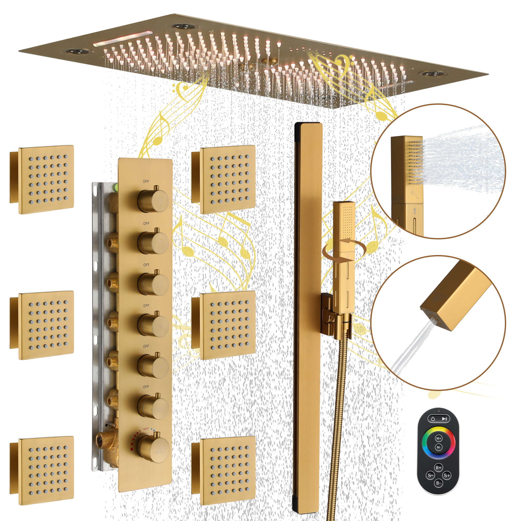 6-Function Luxury Thermostatic Shower System with 64 Color LED Lights & Slide Bar