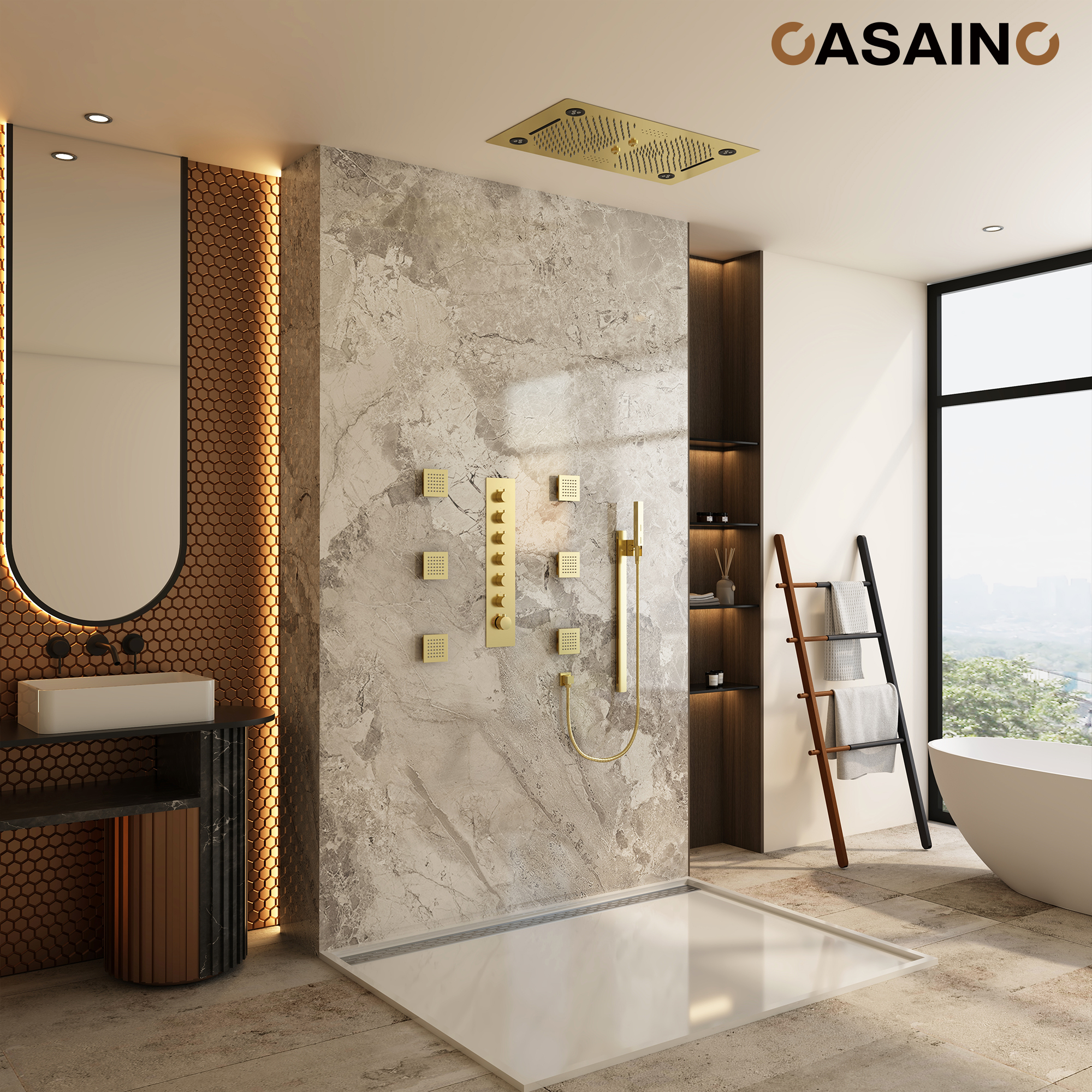 6-Function Luxury Thermostatic Shower System with 64 Color LED Lights & Slide Bar