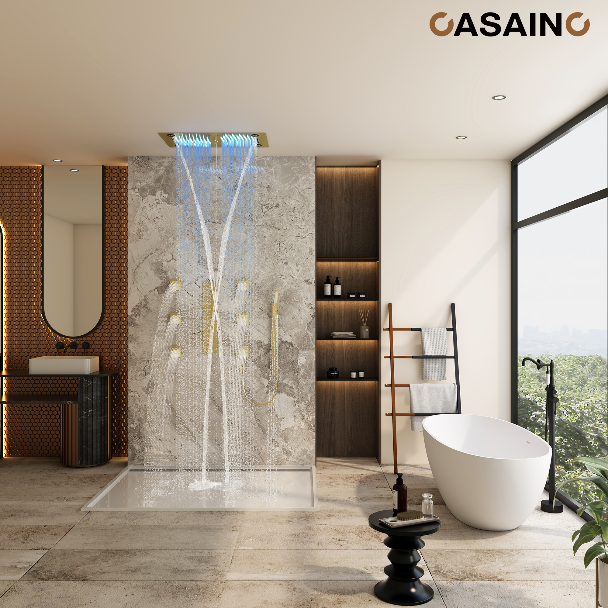 6-Function Luxury Thermostatic Shower System with 64 Color LED Lights & Slide Bar