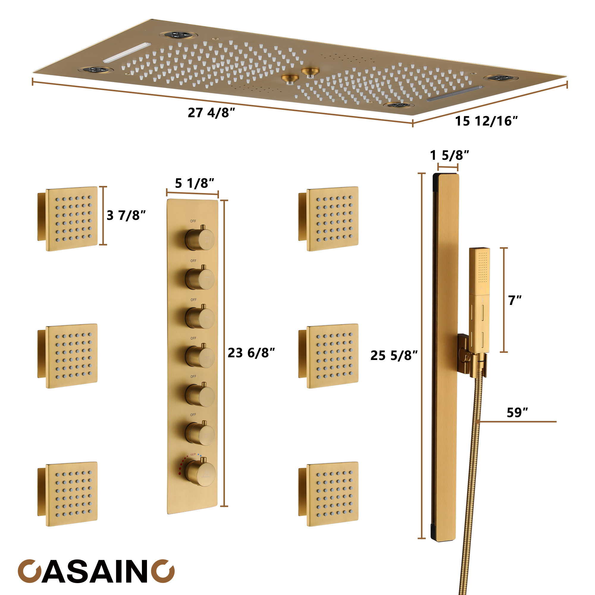 6-Function Luxury Thermostatic Shower System with 64 Color LED Lights & Slide Bar