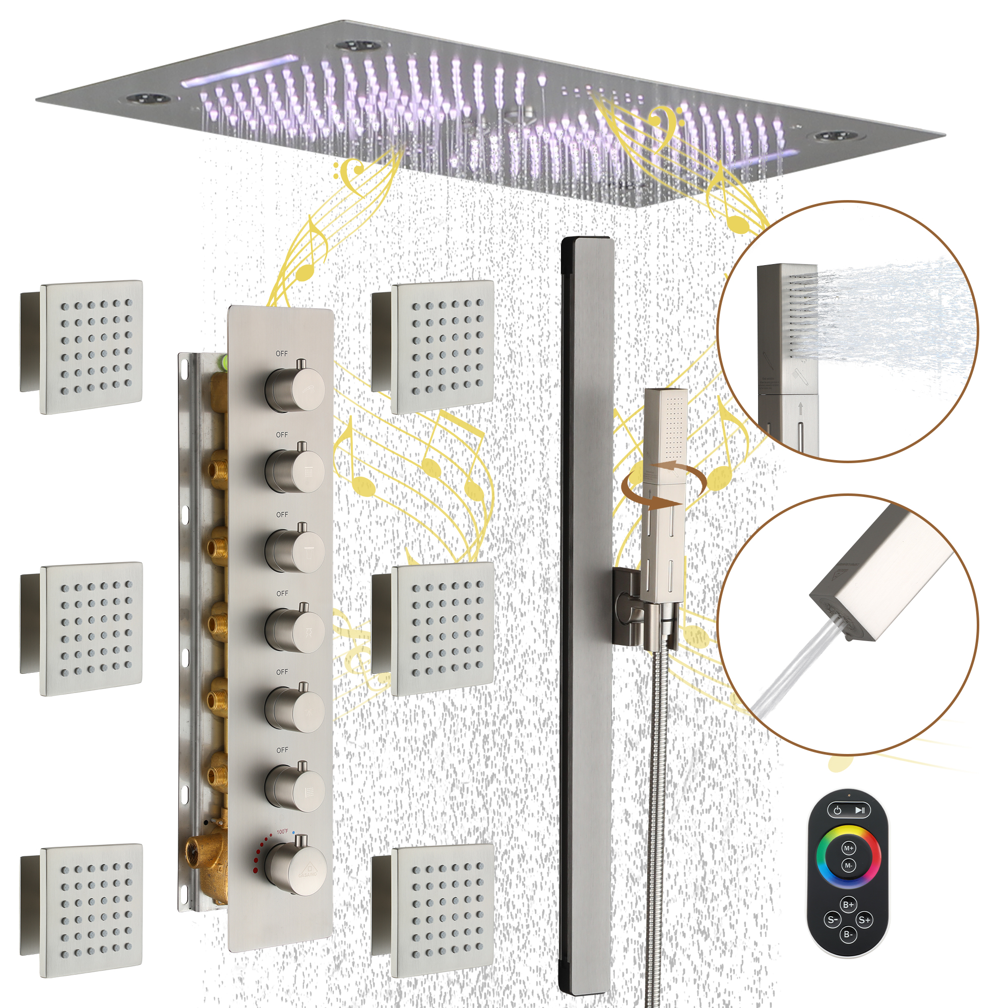 6-Function Luxury Thermostatic Shower System with 64 Color LED Lights & Slide Bar