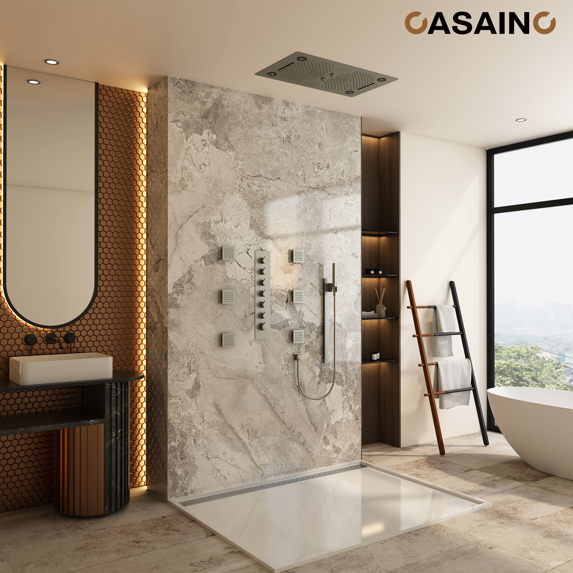 6-Function Luxury Thermostatic Shower System with 64 Color LED Lights & Slide Bar