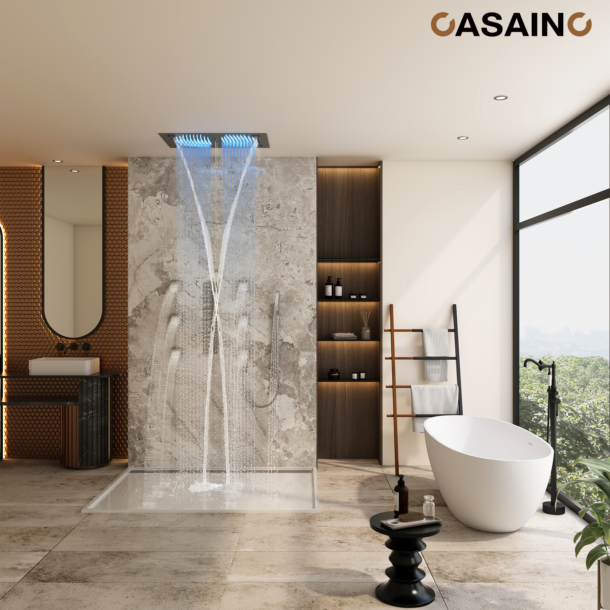 6-Function Luxury Thermostatic Shower System with 64 Color LED Lights & Slide Bar