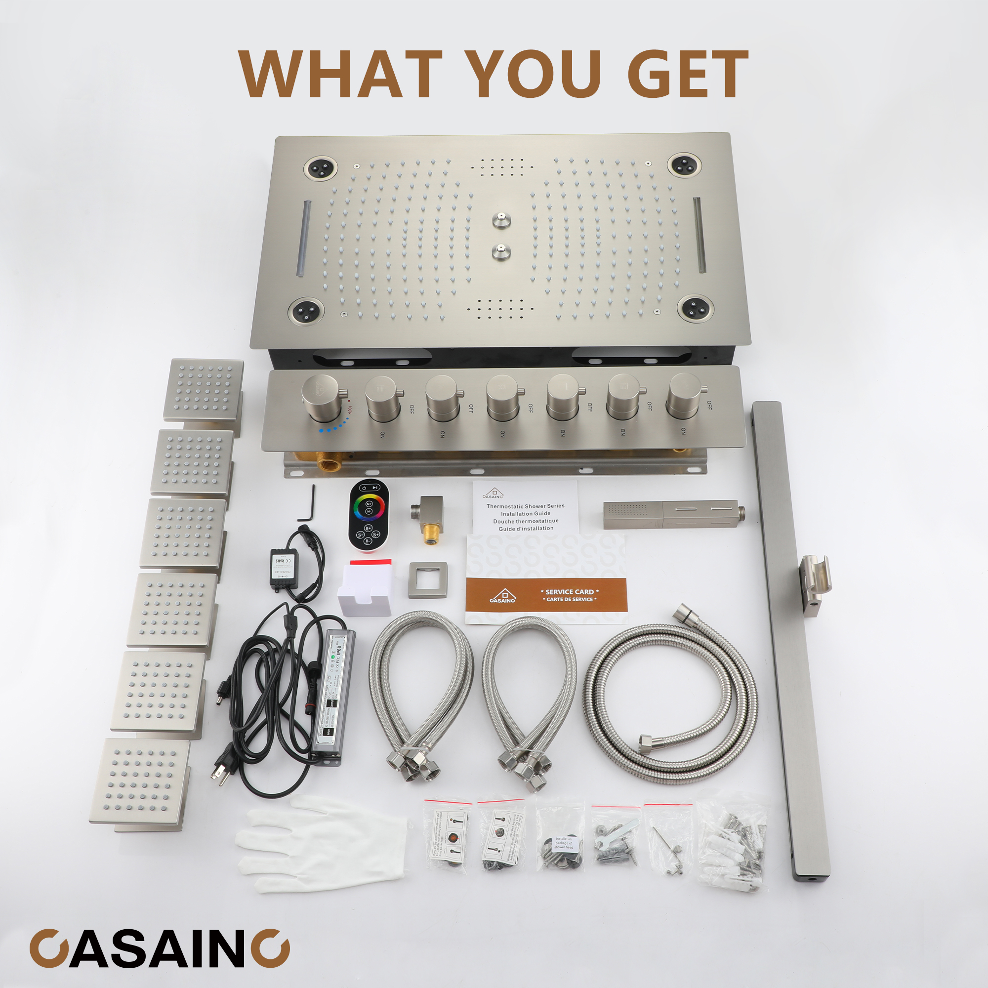 6-Function Luxury Thermostatic Shower System with 64 Color LED Lights & Slide Bar