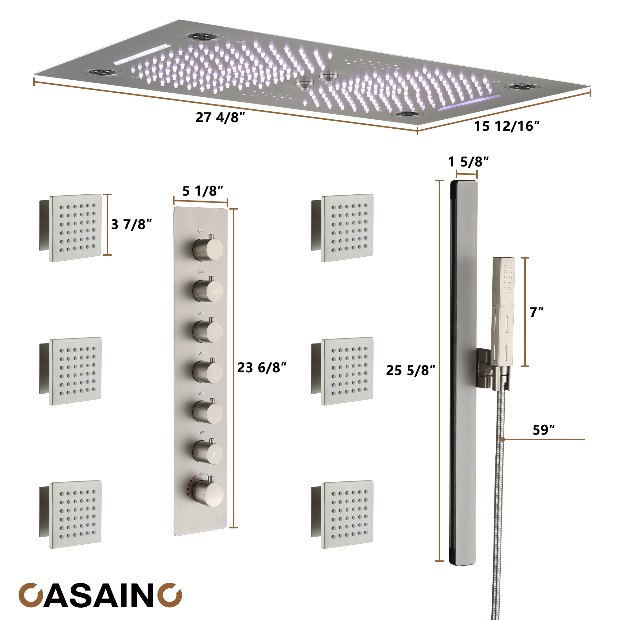 6-Function Luxury Thermostatic Shower System with 64 Color LED Lights & Slide Bar