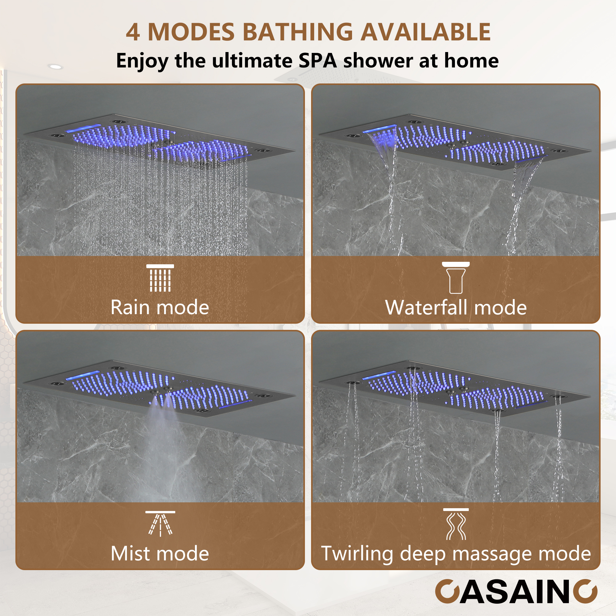 6-Function Luxury Thermostatic Shower System with 64 Color LED Lights & Slide Bar