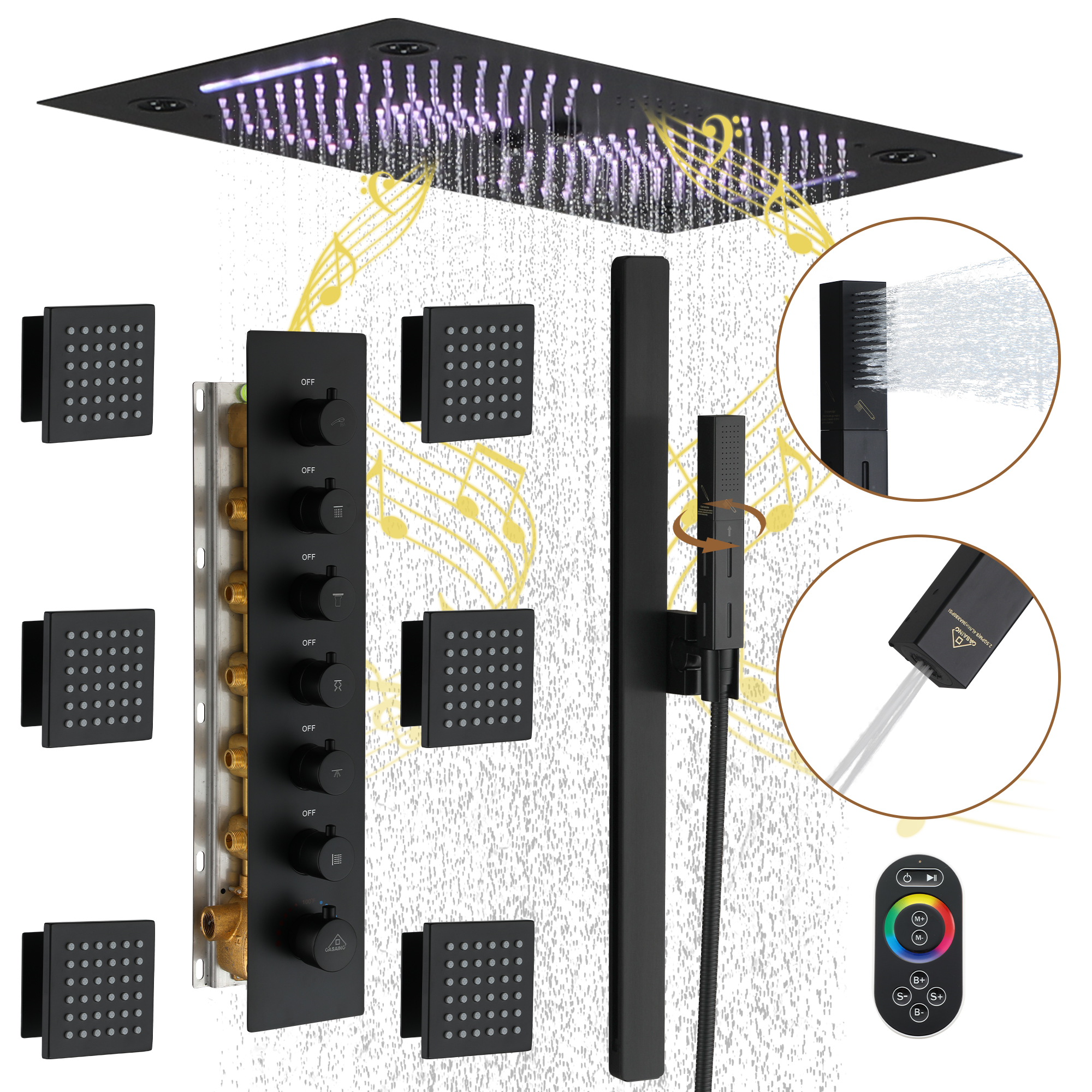 6-Function Luxury Thermostatic Shower System with 64 Color LED Lights & Slide Bar